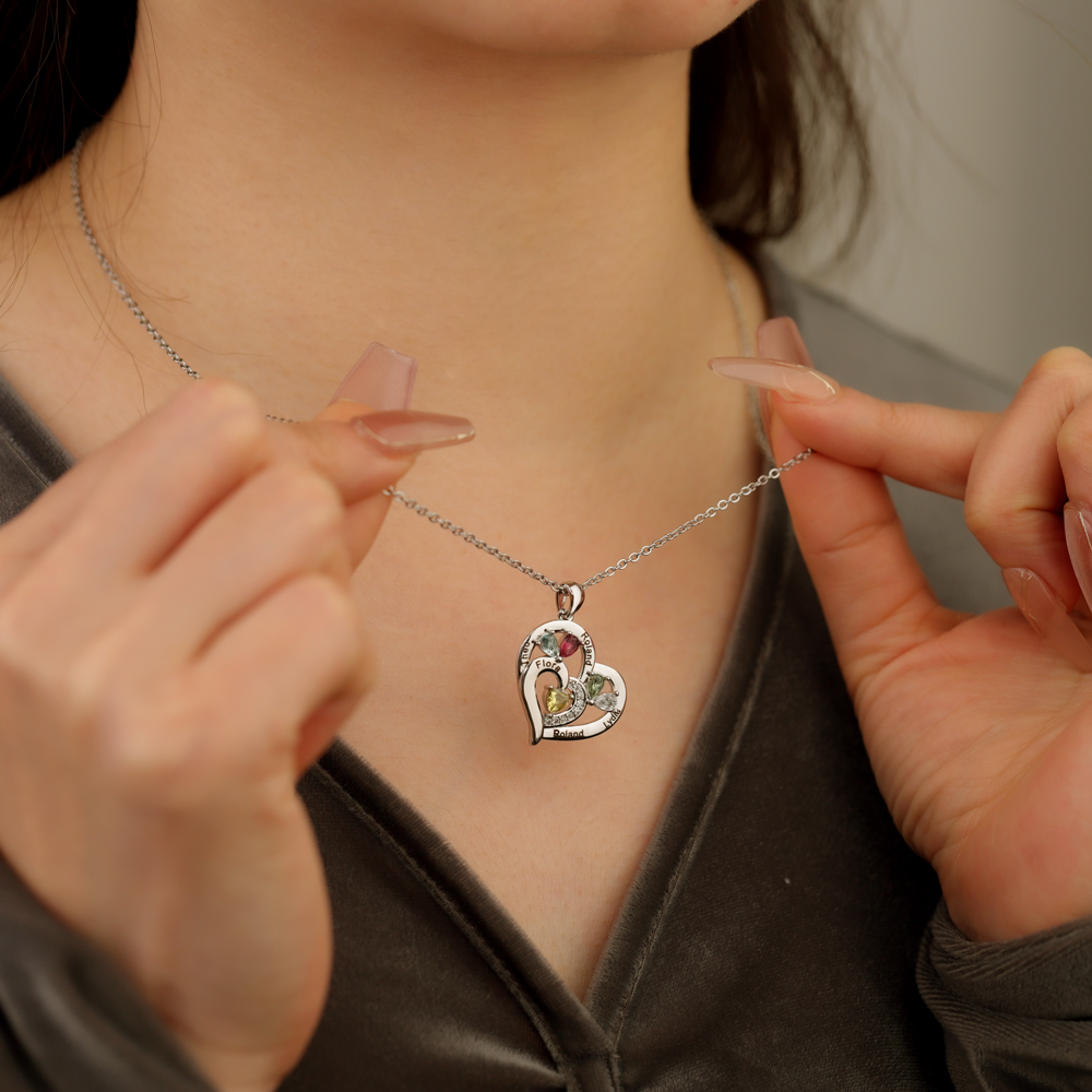 Forever Love 1 - 6 Name & Bithstone Heart Necklace For Mother