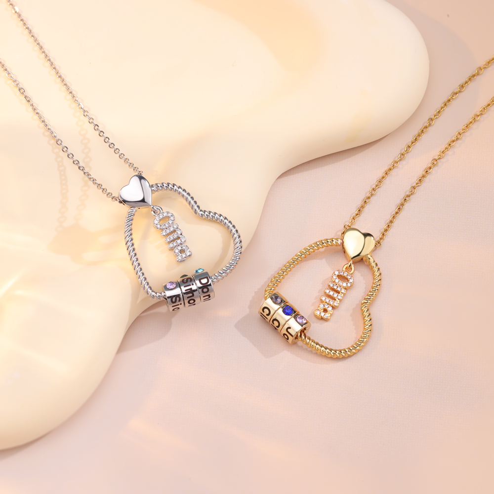 Mother's Day Charming Twisted Heart Necklace with Engraved Beads