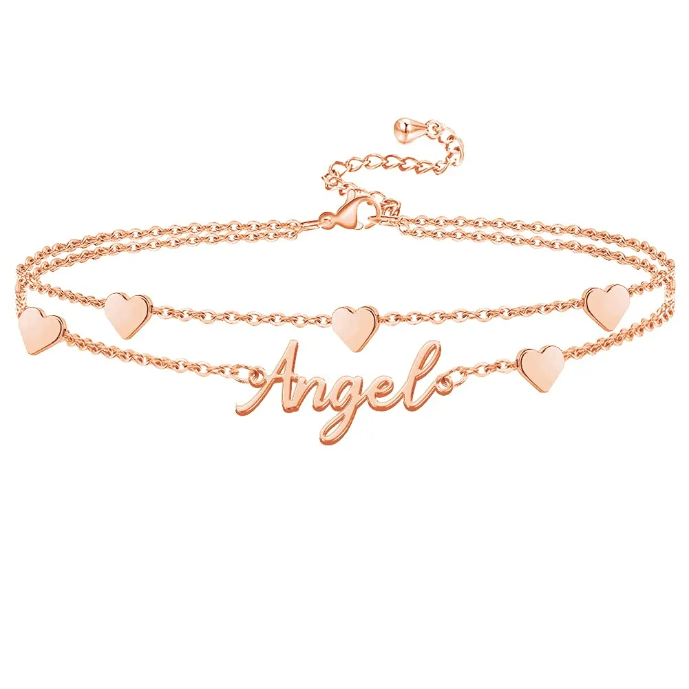 Personalized Double Layer Name Anklets with Heart Chain