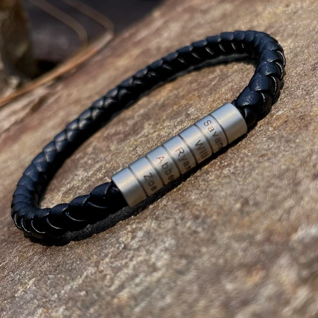 Engraved Black Braided Leather ﻿Bracelet for Men
