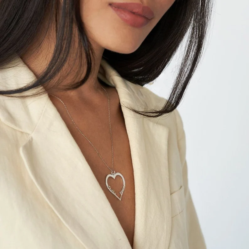 Contour Heart Pendant Necklace with Two Names