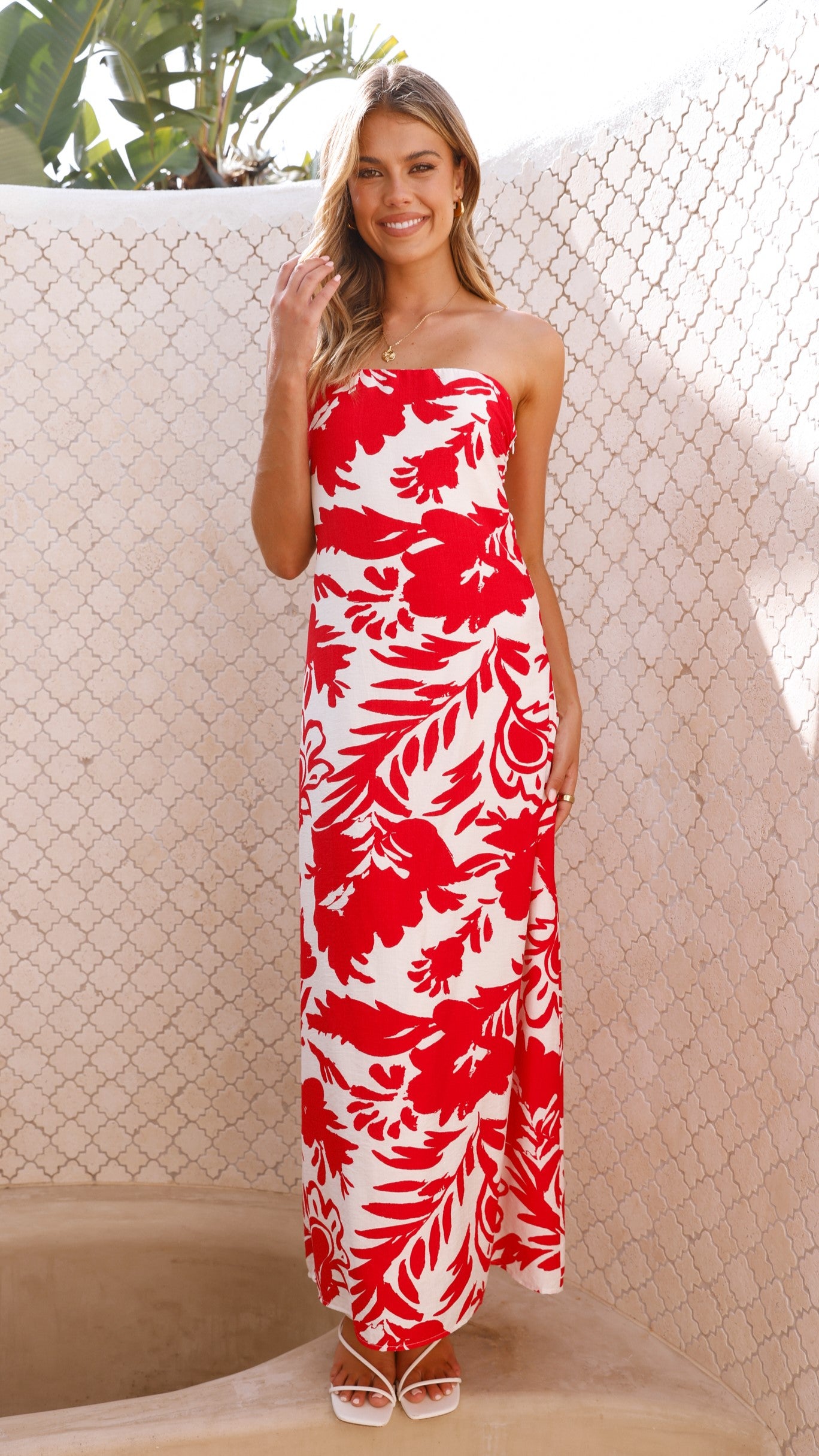 Uzma Strapless Maxi Dress - Red / White Print