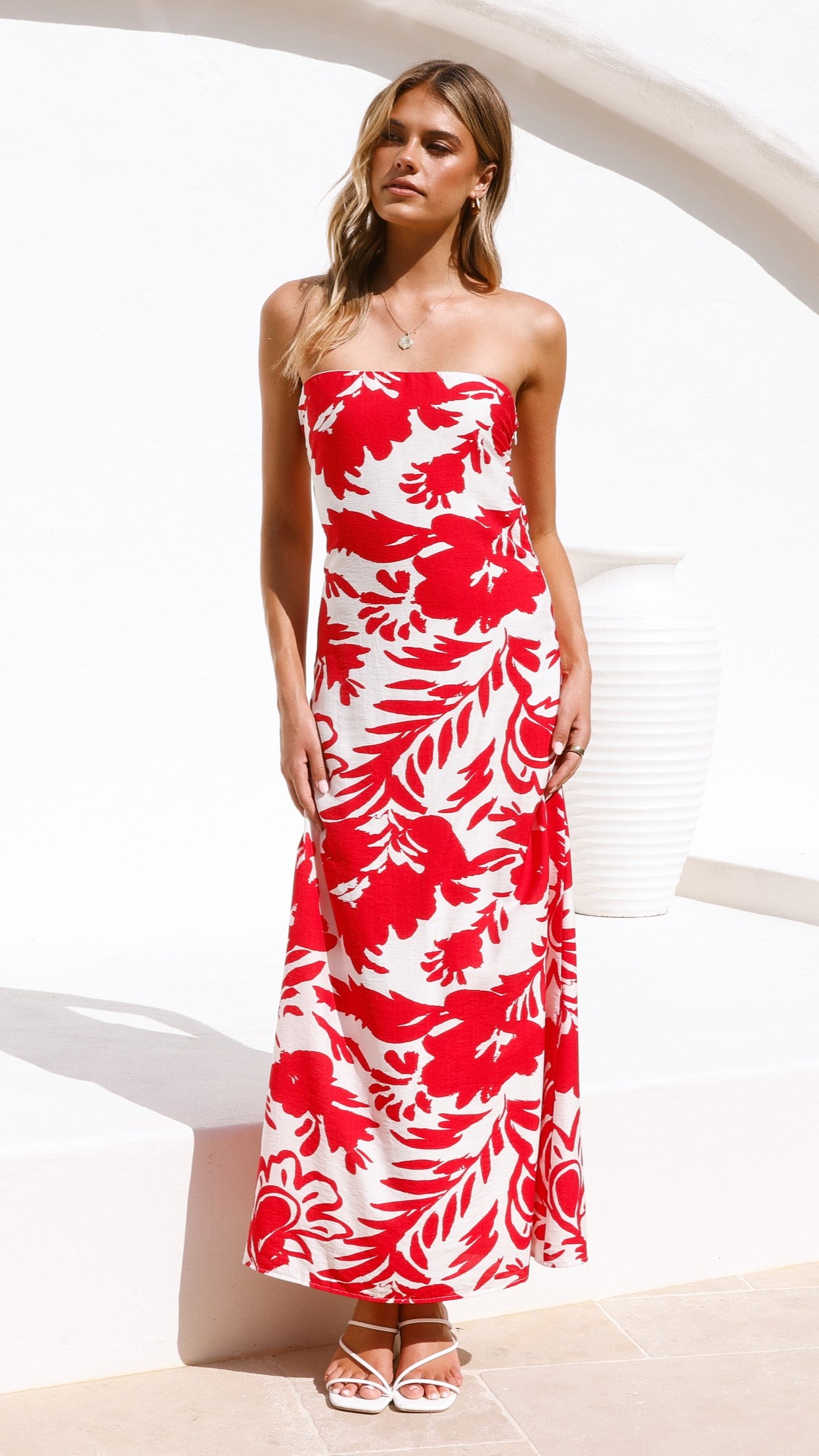 Uzma Strapless Maxi Dress - Red / White Print