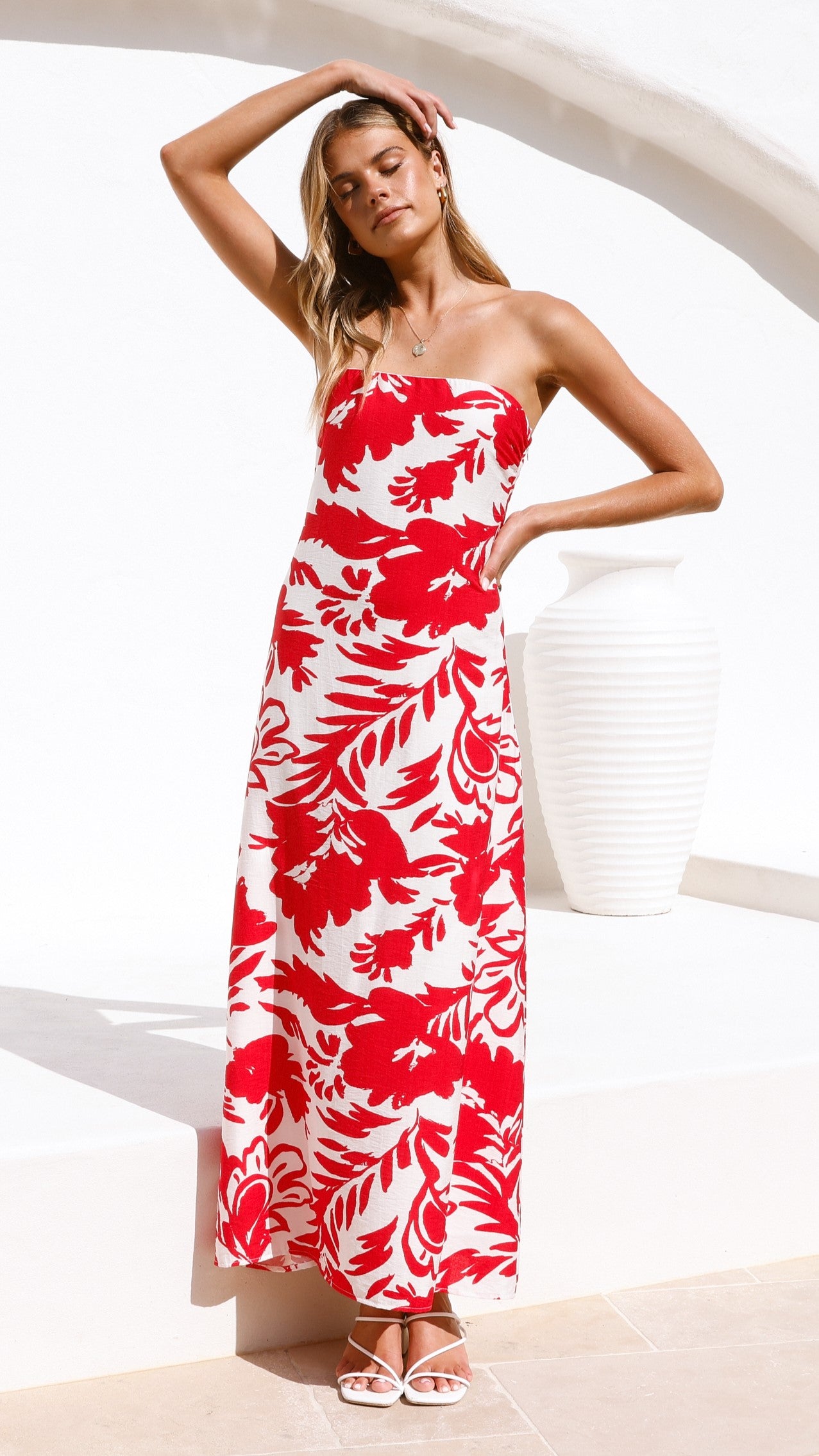 Uzma Strapless Maxi Dress - Red / White Print