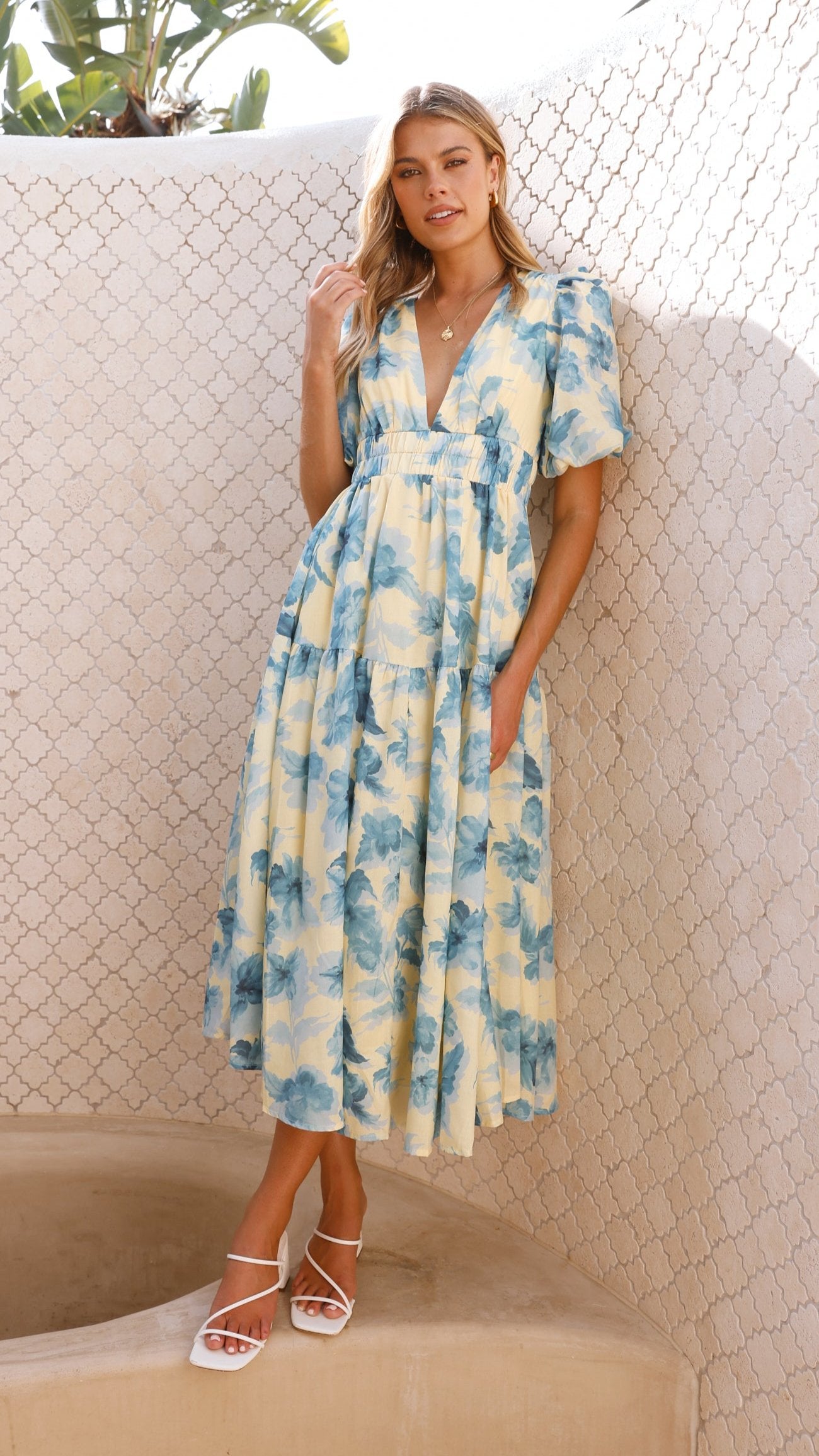 Erin Midi Dress - Yellow / Blue Floral
