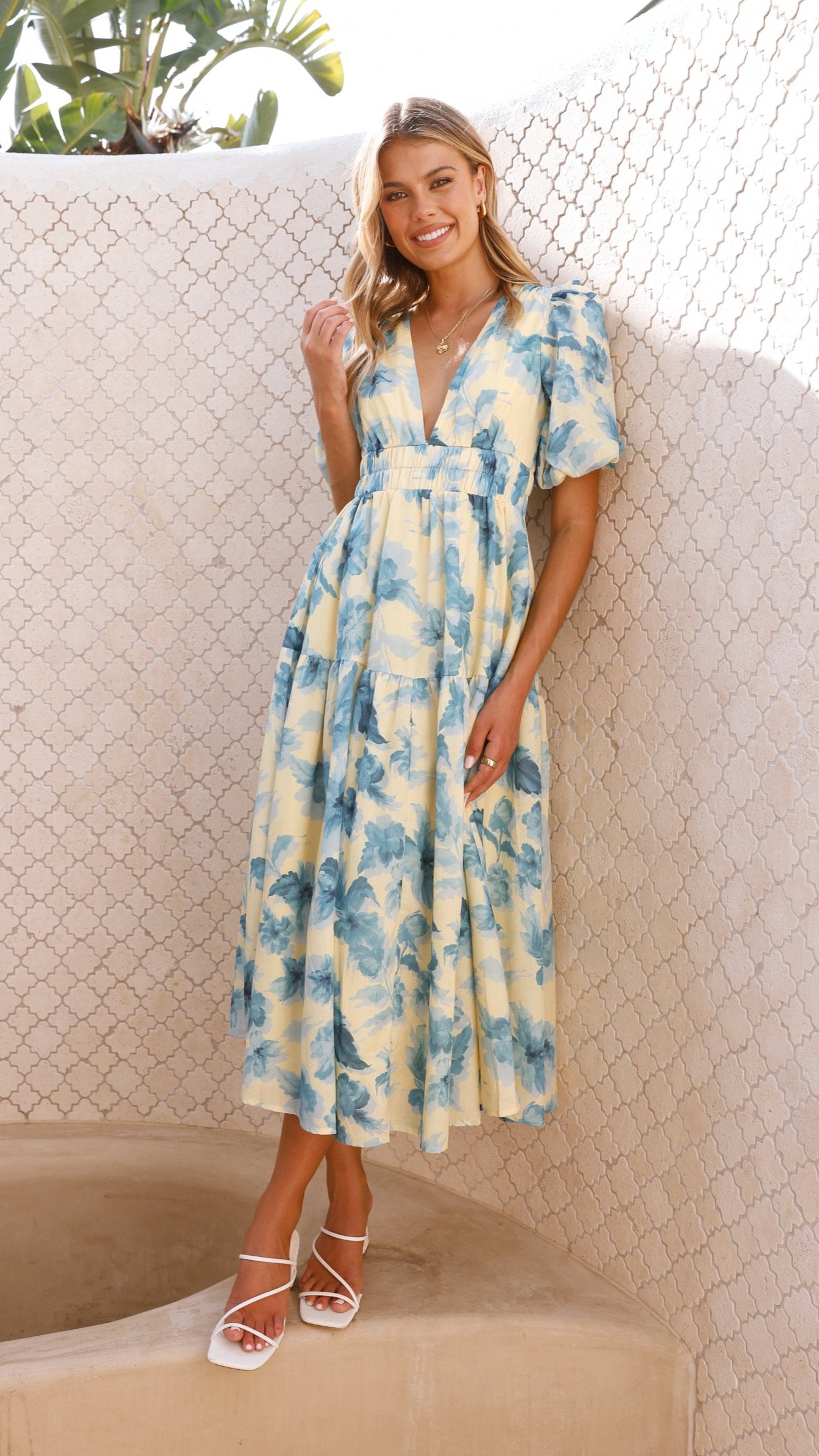 Erin Midi Dress - Yellow / Blue Floral