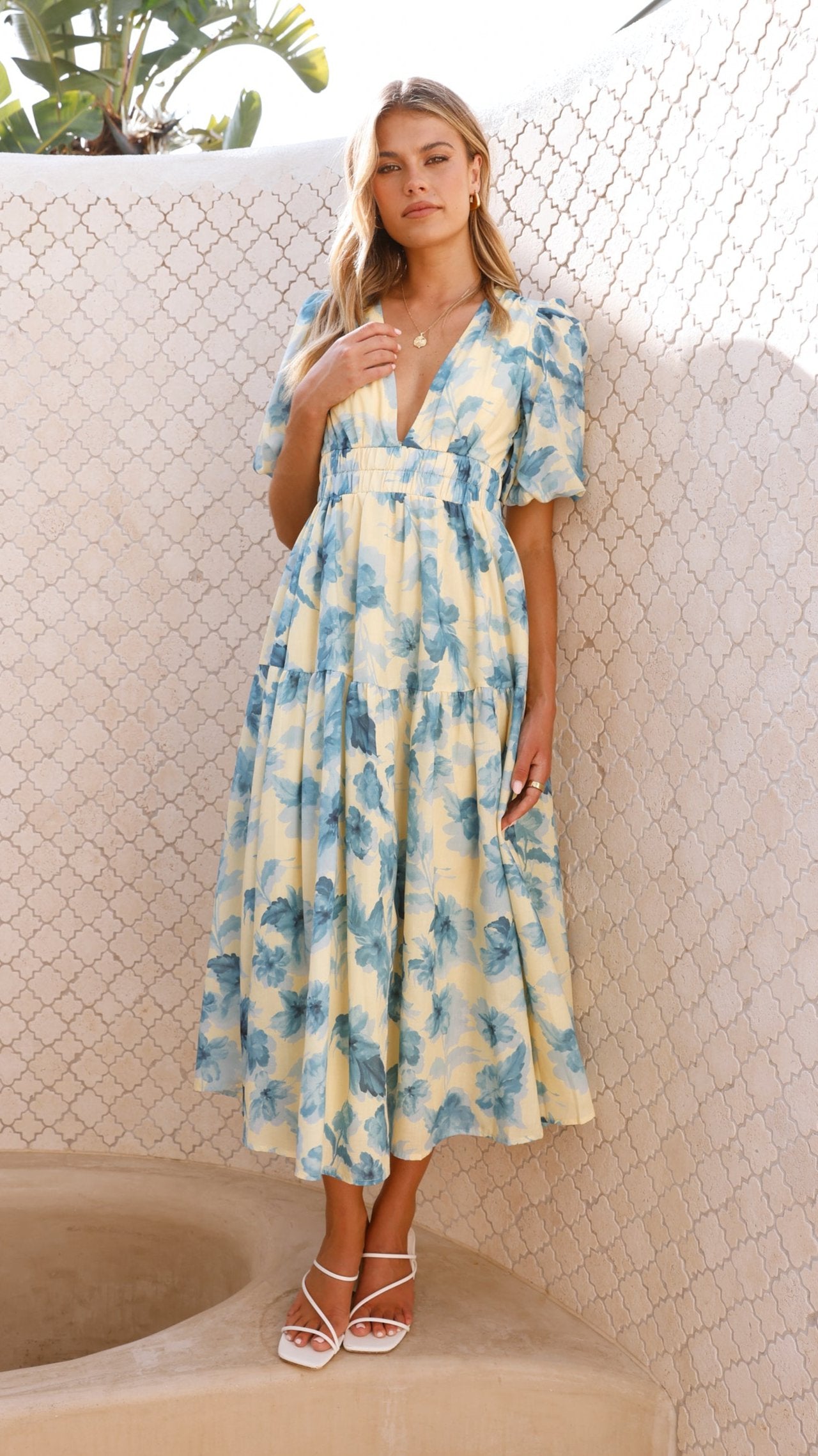 Erin Midi Dress - Yellow / Blue Floral