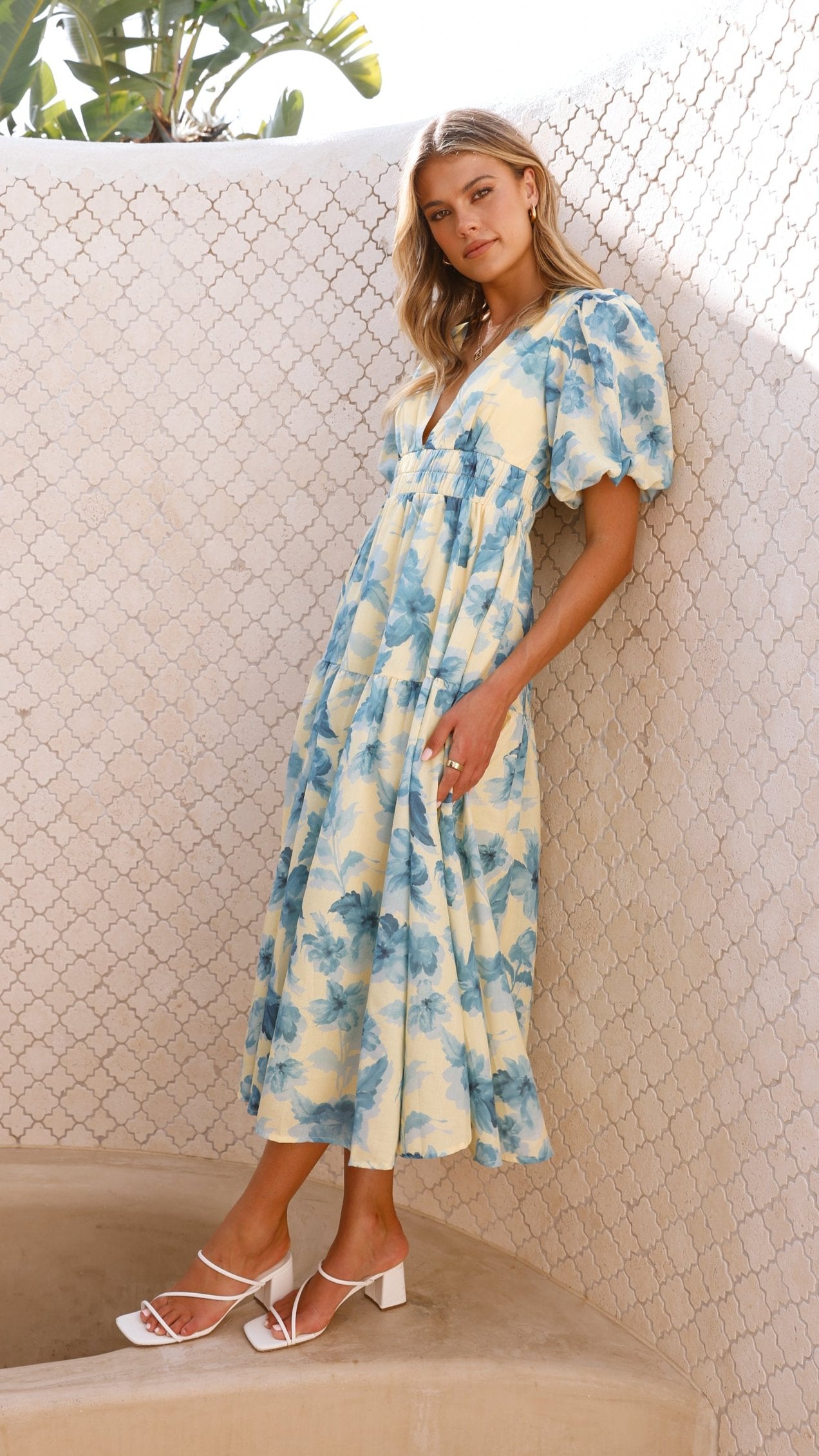 Erin Midi Dress - Yellow / Blue Floral