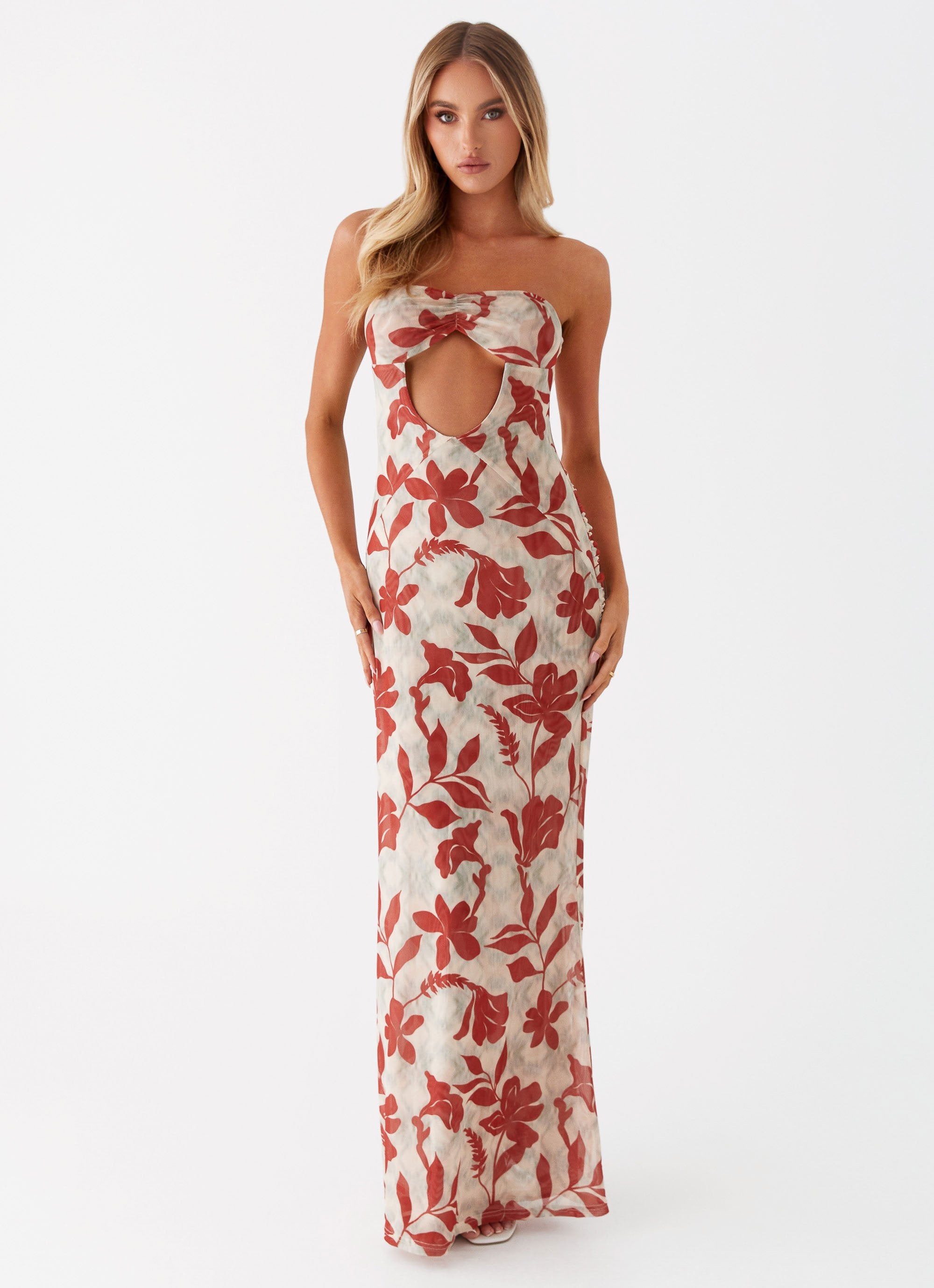 Womens Dearest Maxi Dress in the colour Red Green Floral in front of a light grey background
