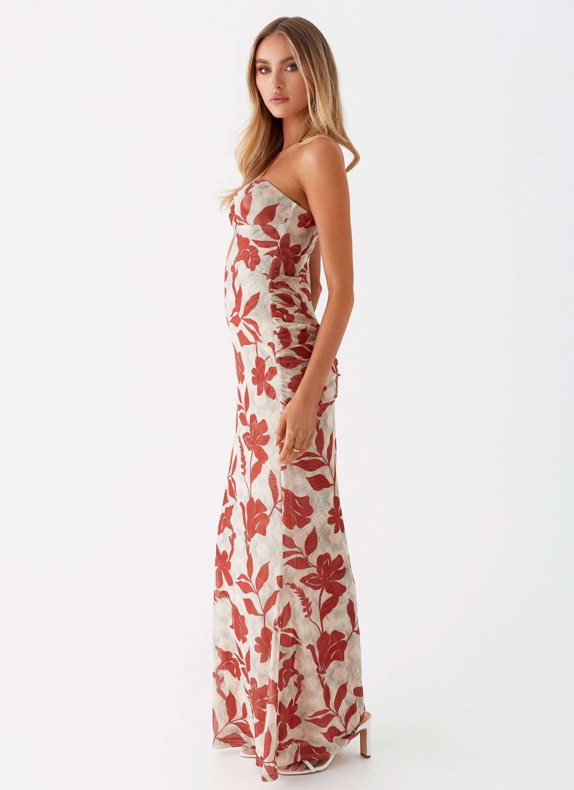 Womens Dearest Maxi Dress in the colour Red Green Floral in front of a light grey background