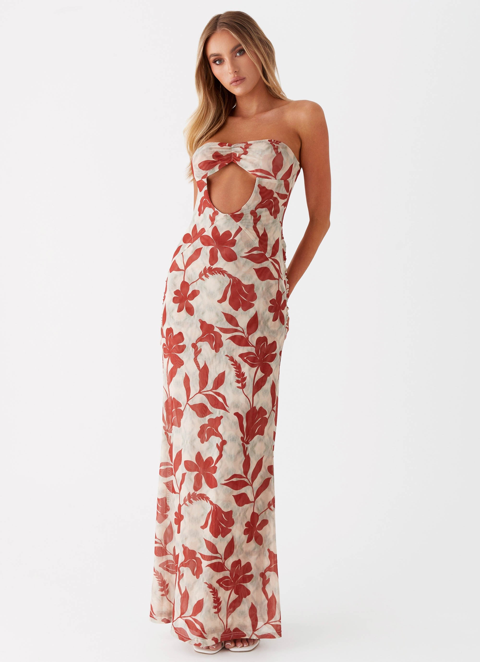 Womens Dearest Maxi Dress in the colour Red Green Floral in front of a light grey background