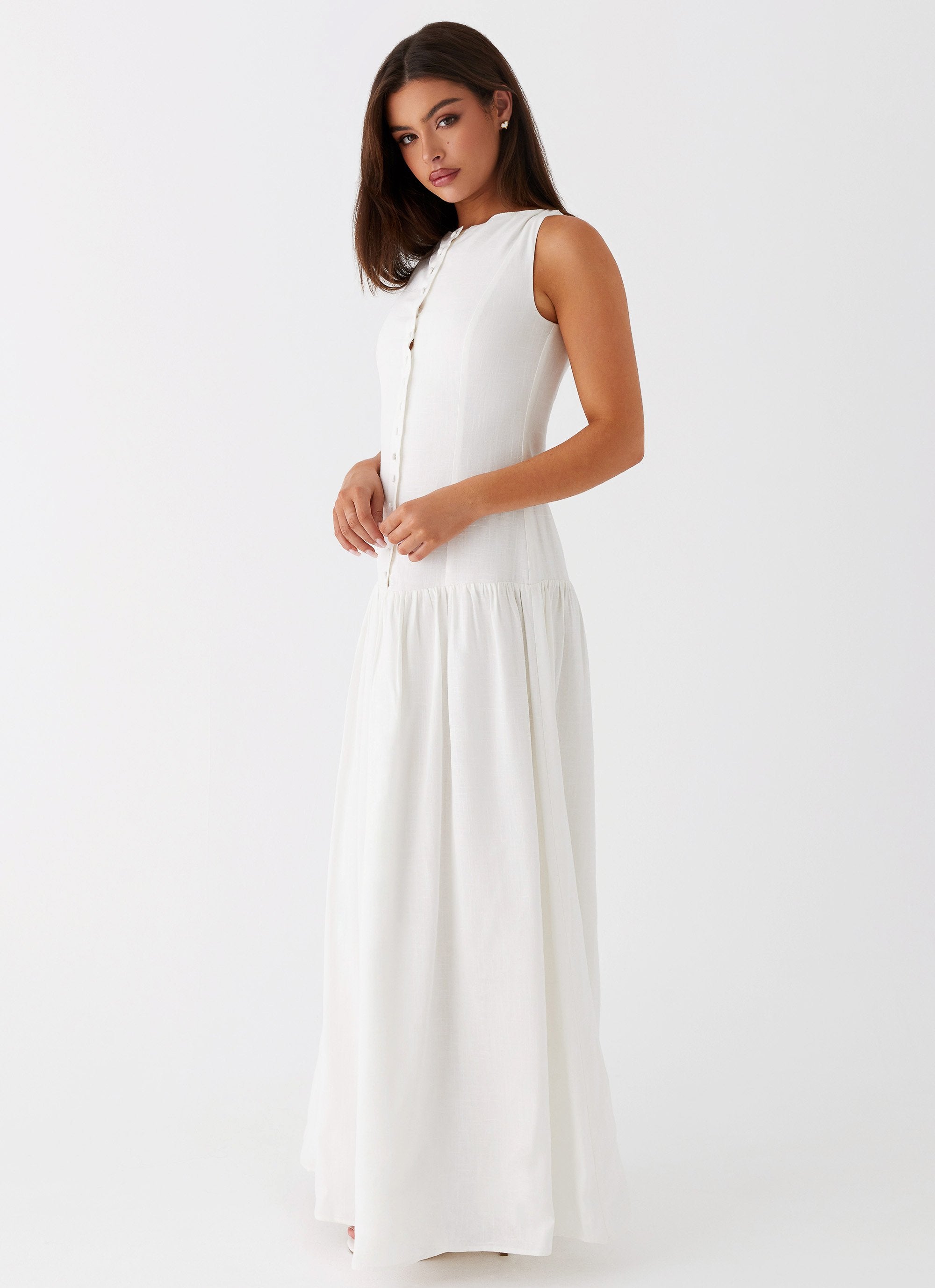 Womens Meggie Linen Maxi Dress in the colour White in front of a light grey background