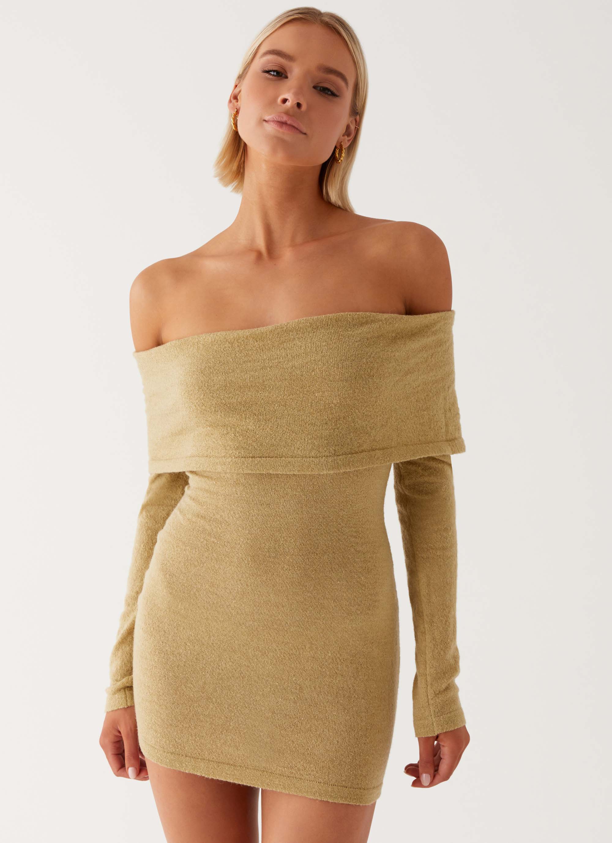 Womens Myla Off Shoulder Mini Dress in the colour Camel in front of a light grey background
