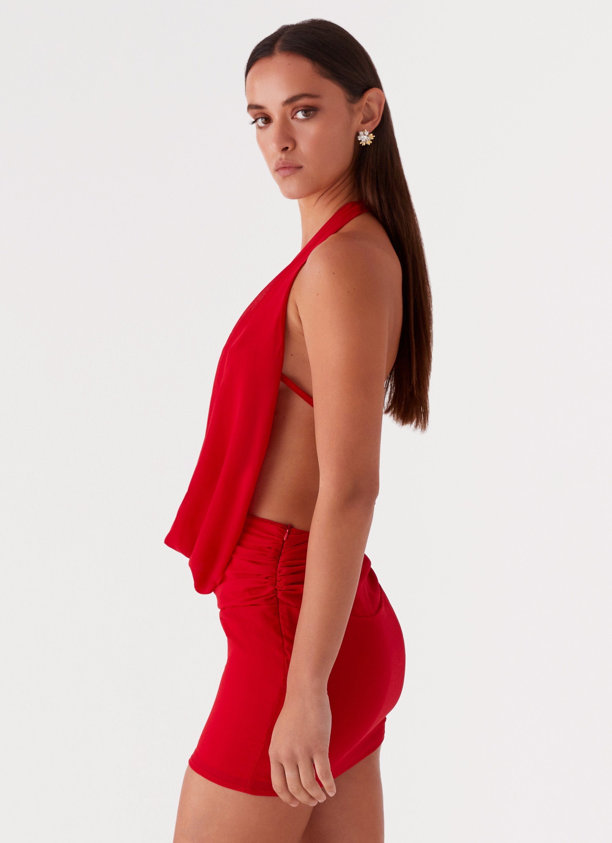Womens Elysia Mesh Mini Dress in the colour Red in front of a light grey background