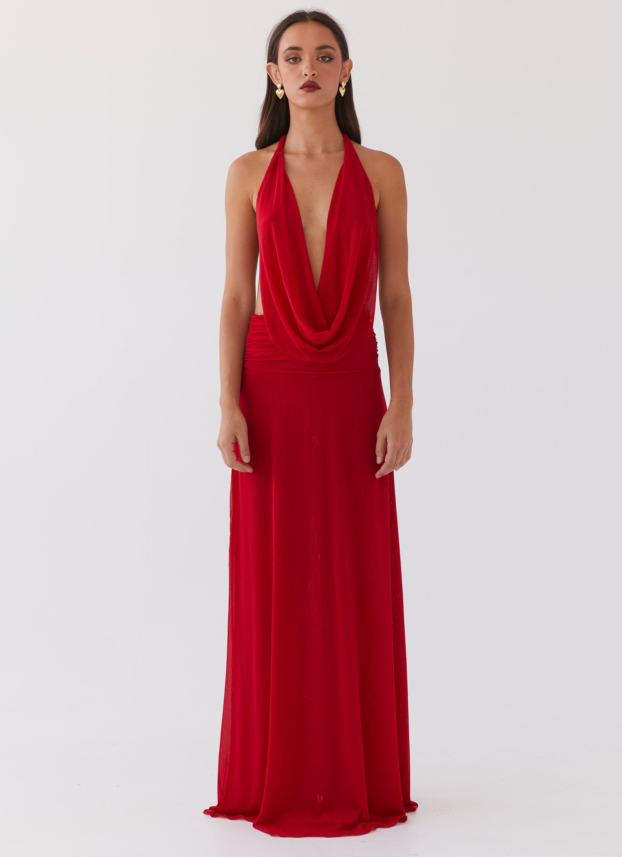 Womens Elysia Mesh Maxi Dress in the colour Cherry Red in front of a light grey background