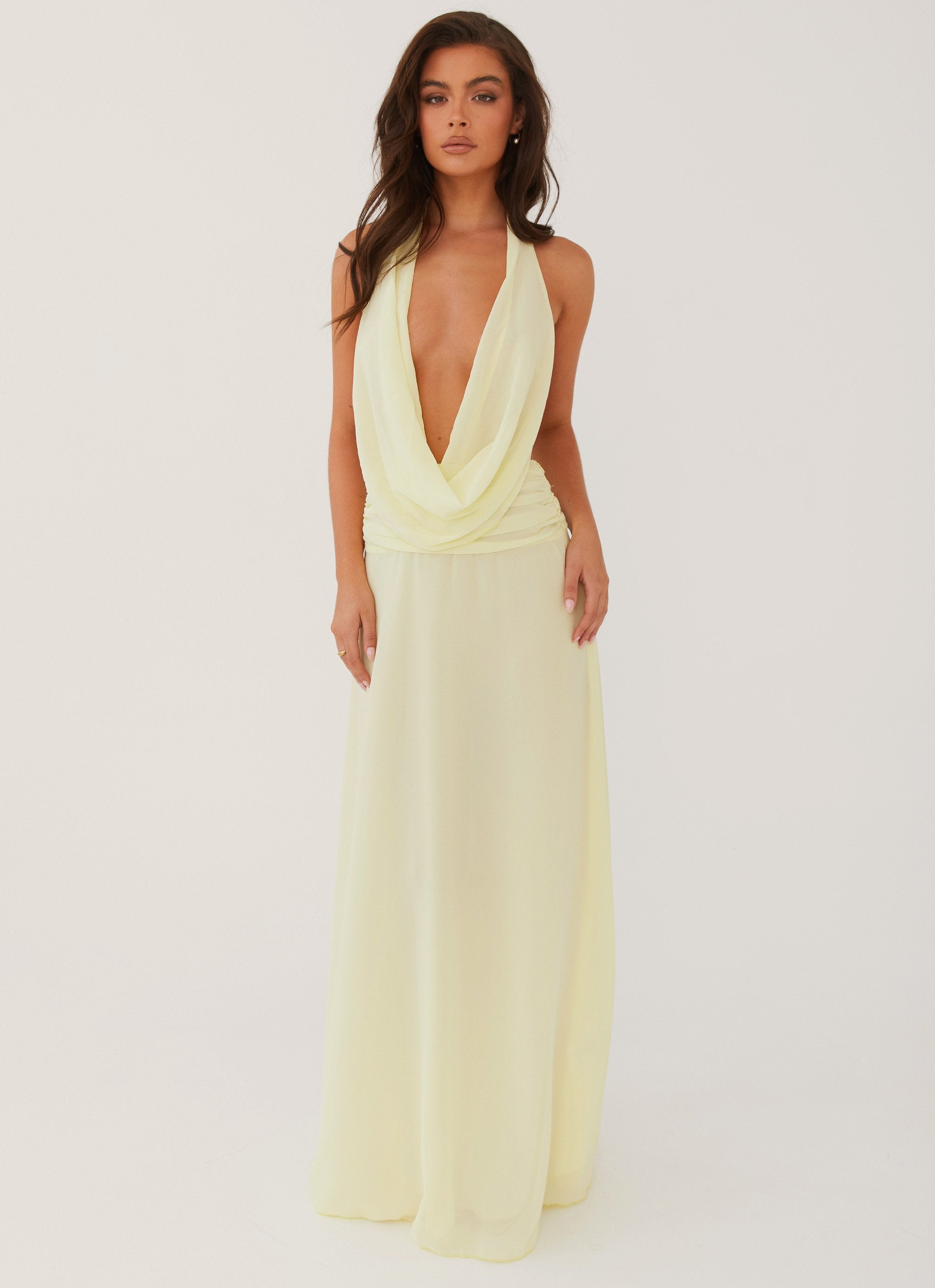 Womens Elysia Chiffon Maxi Dress in the colour Lemon in front of a light grey background
