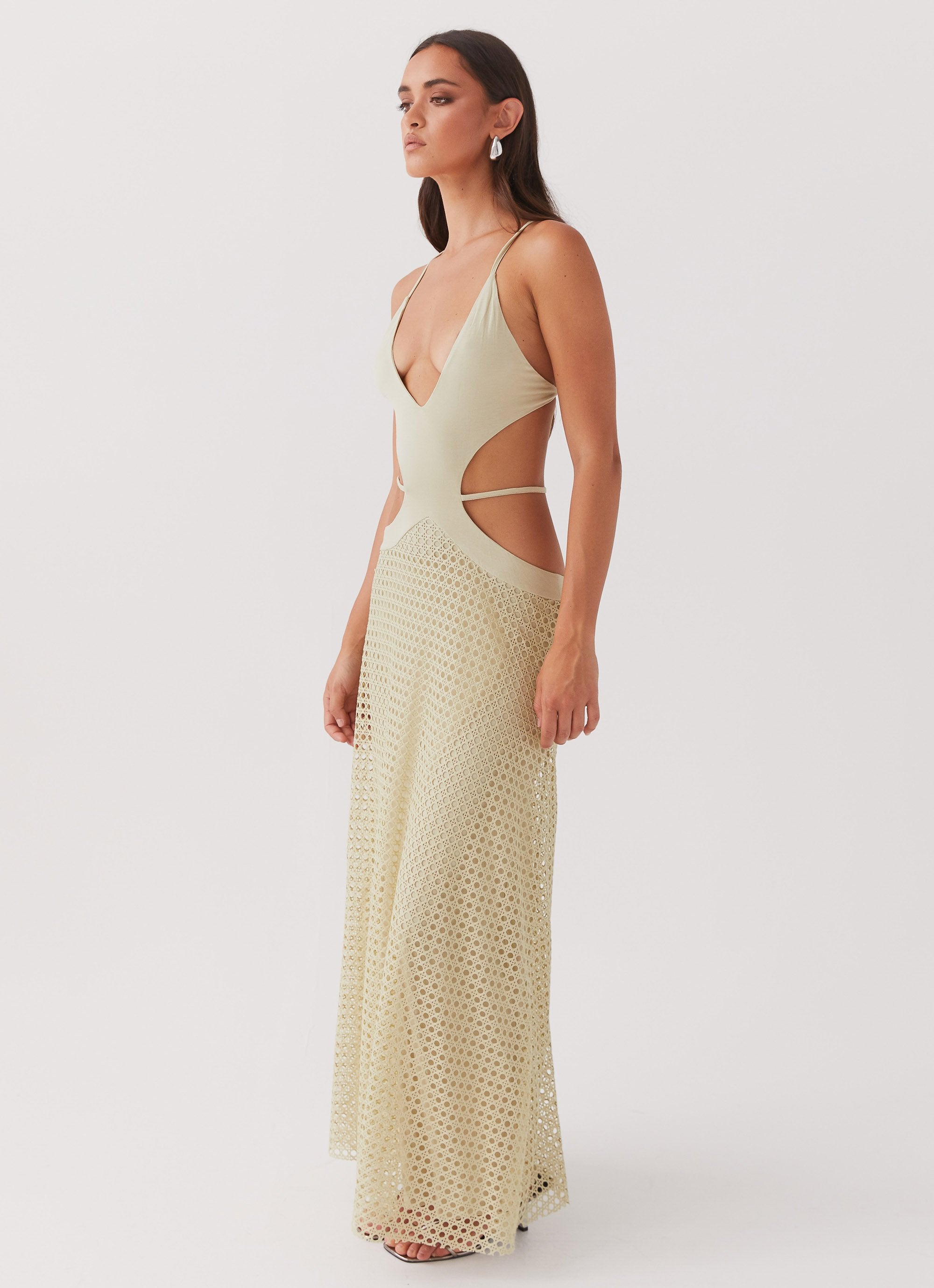 Womens Enchanted Melodies Maxi Dress in the colour Sage in front of a light grey background