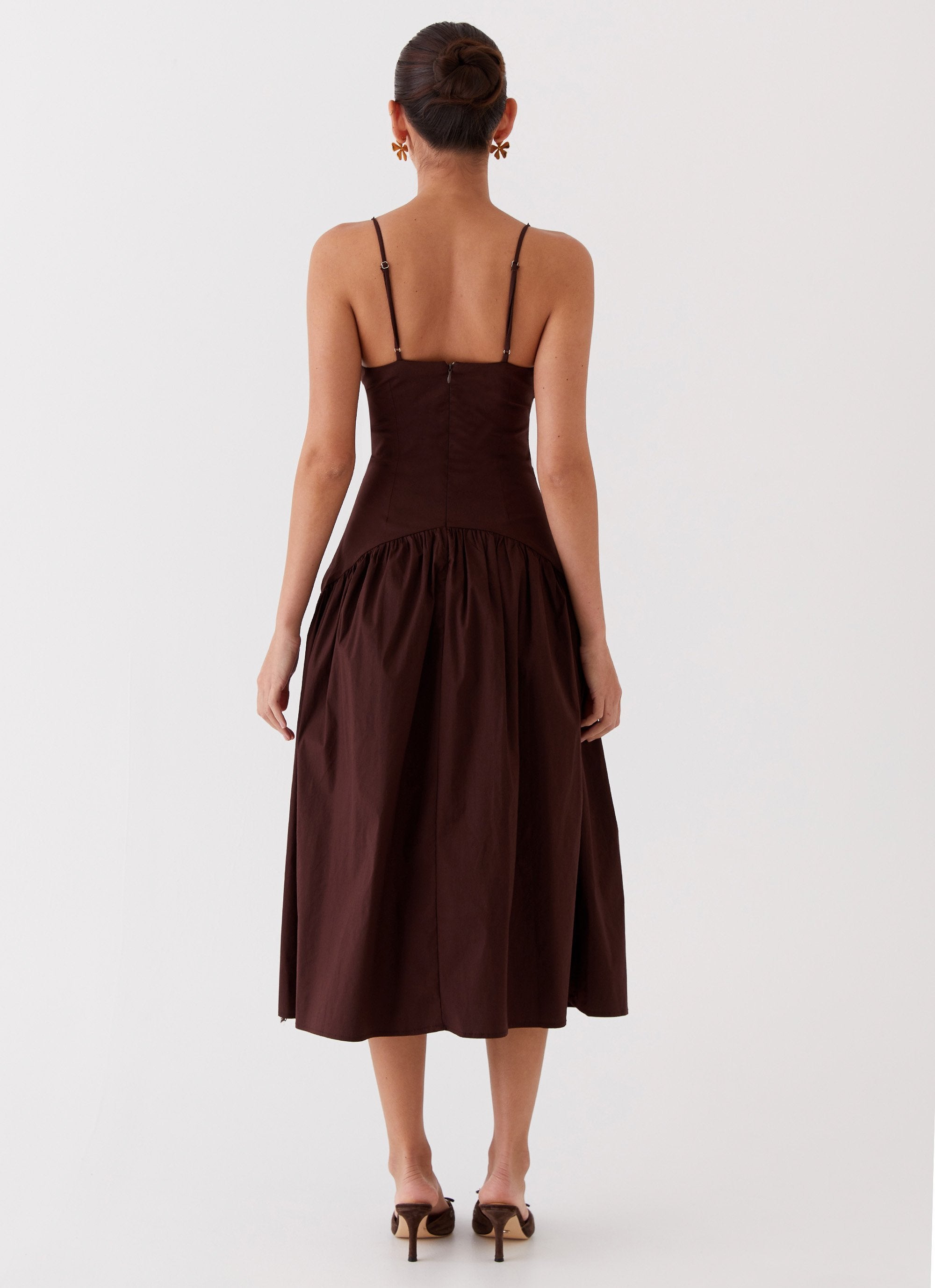Womens Yvette Corset Midi Dress in the colour Chocolate in front of a light grey background