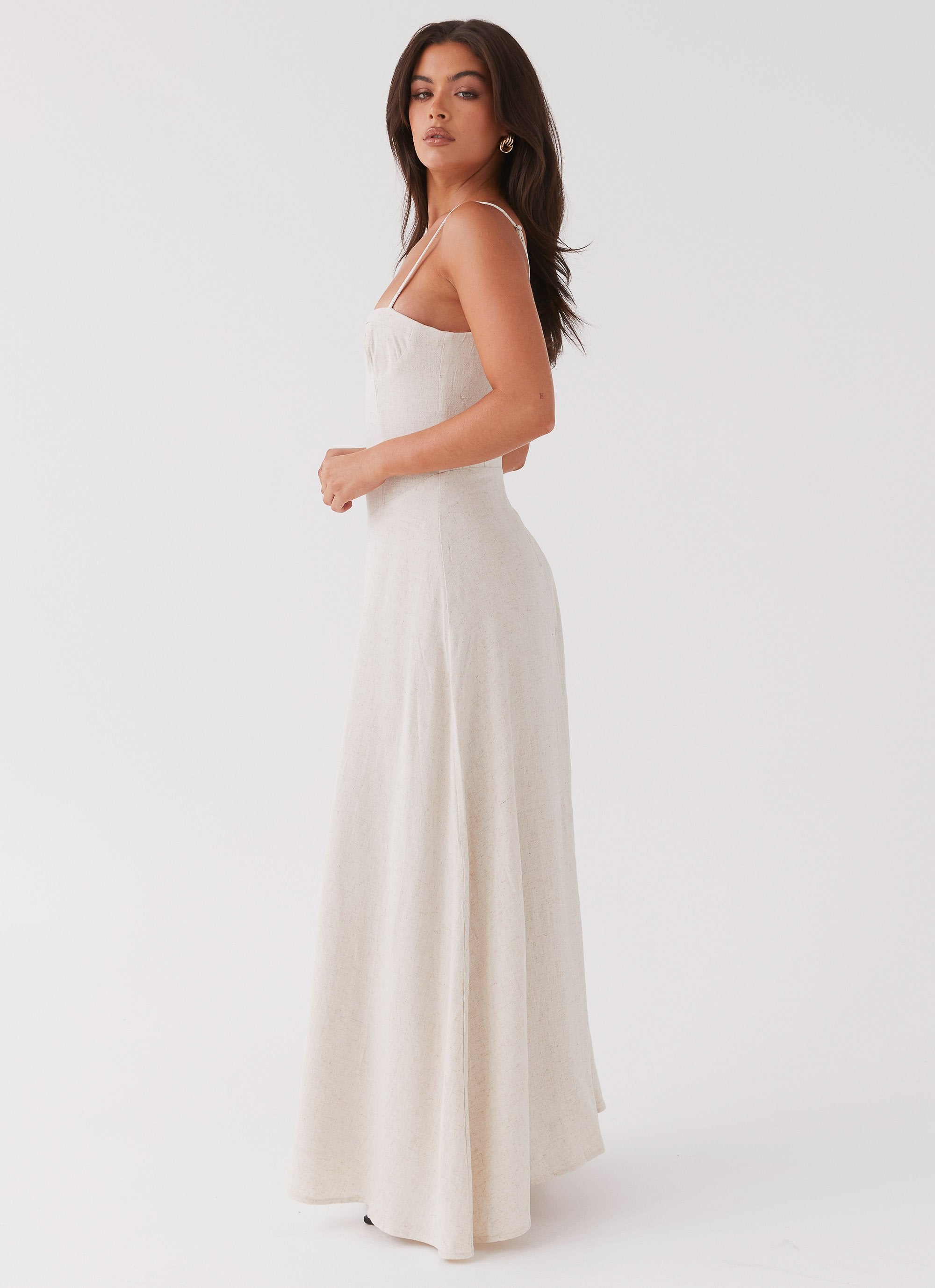 Womens Angelina Linen Maxi Dress in the colour Oatmeal in front of a light grey background