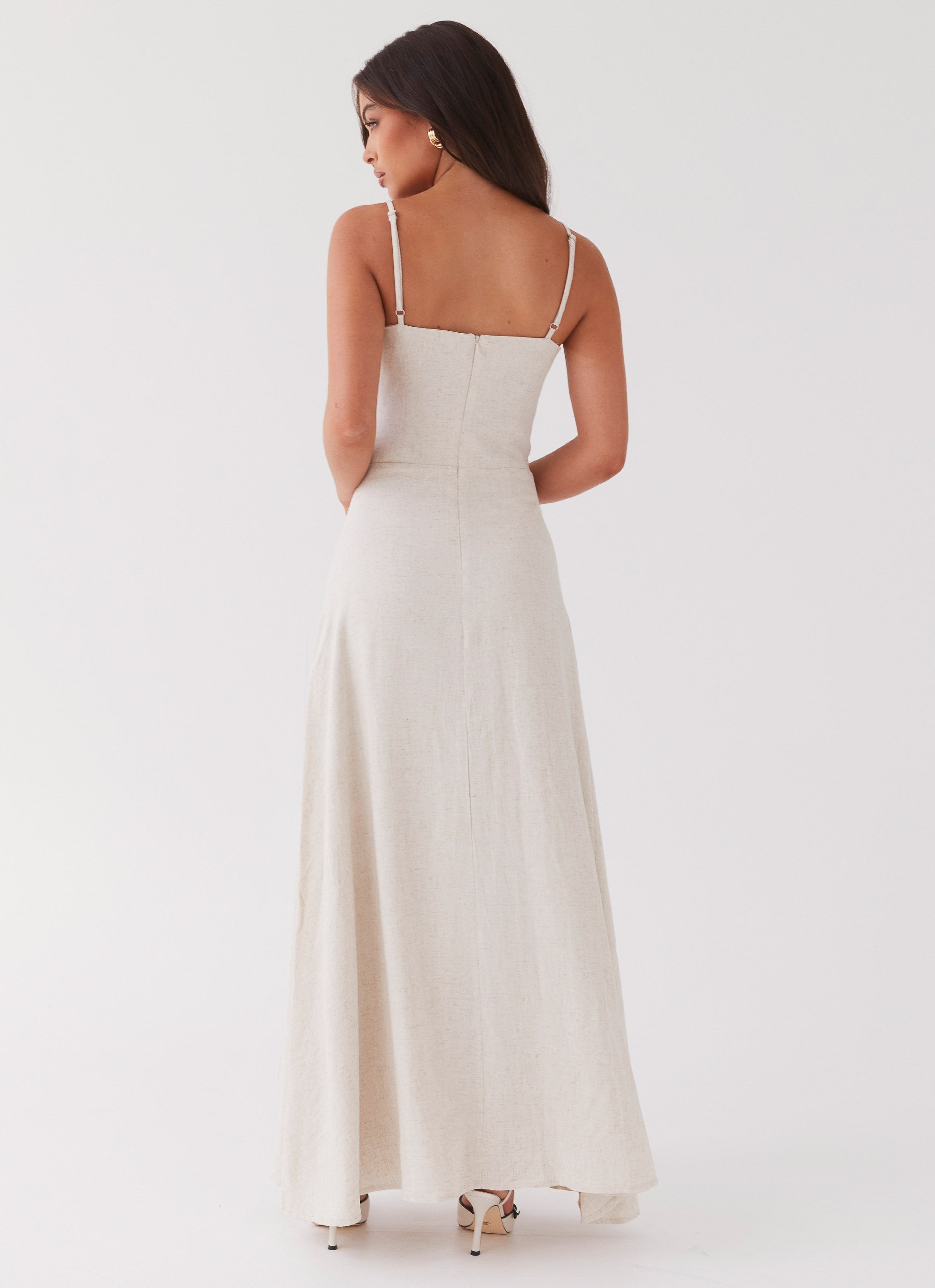 Womens Angelina Linen Maxi Dress in the colour Oatmeal in front of a light grey background