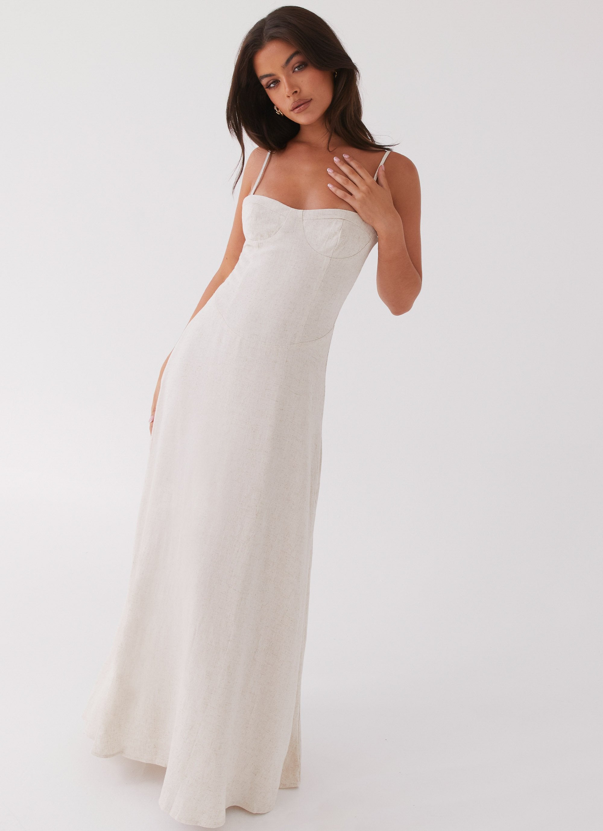 Womens Angelina Linen Maxi Dress in the colour Oatmeal in front of a light grey background