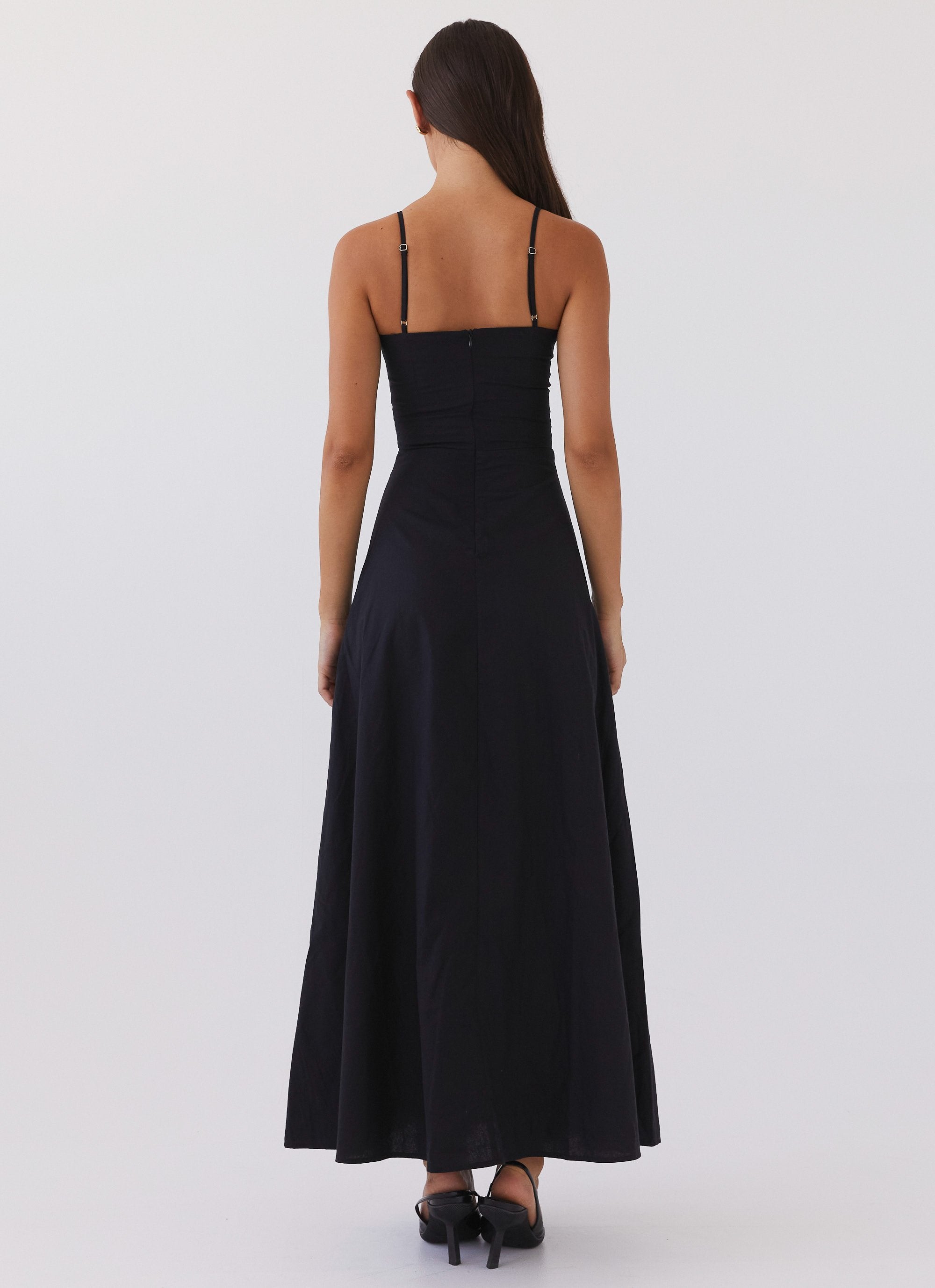 Womens Angelina Linen Maxi Dress in the colour Black in front of a light grey background