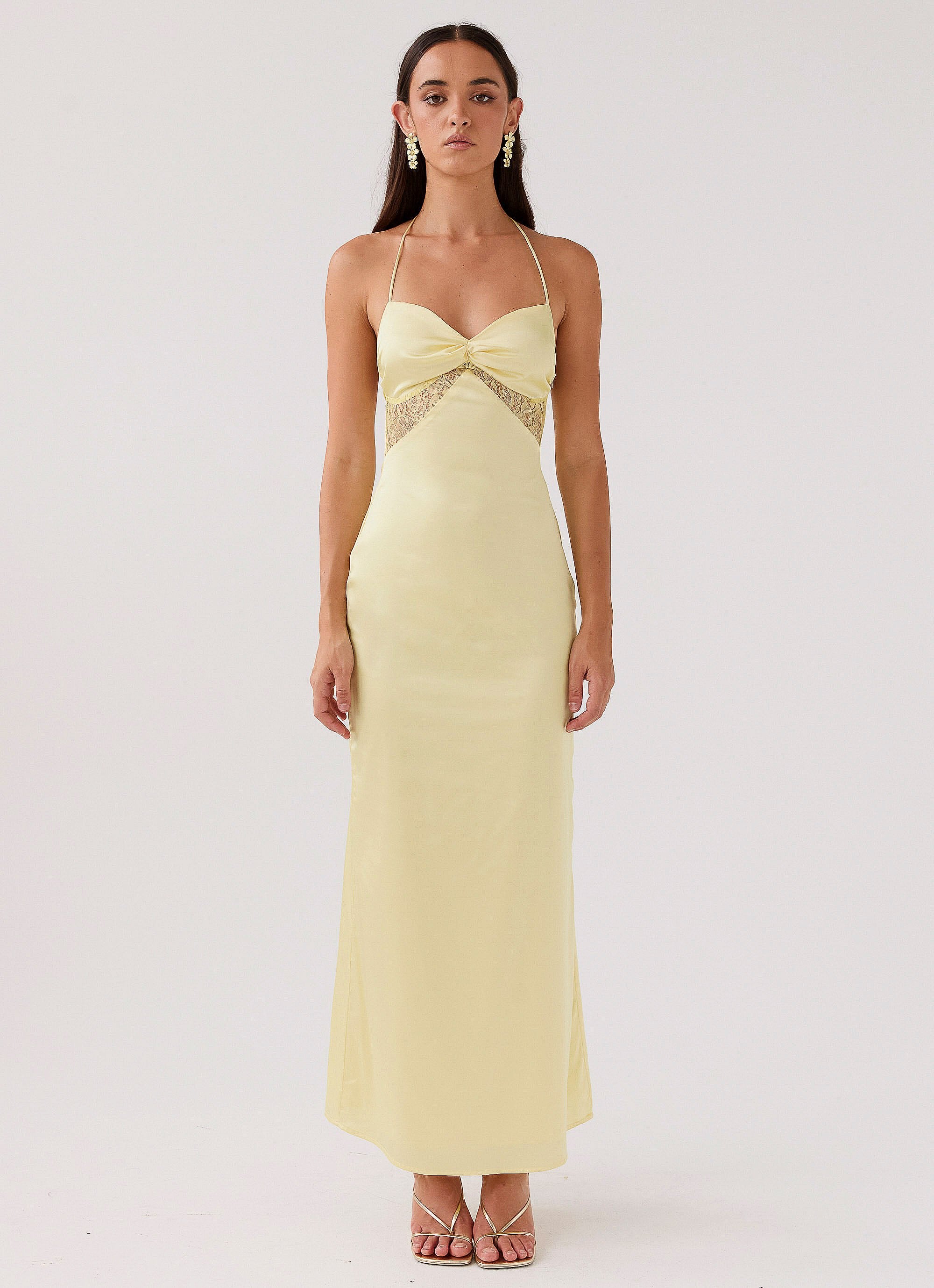 Womens Dream Sight Lace Satin Maxi Dress in the colour Lemon in front of a light grey background