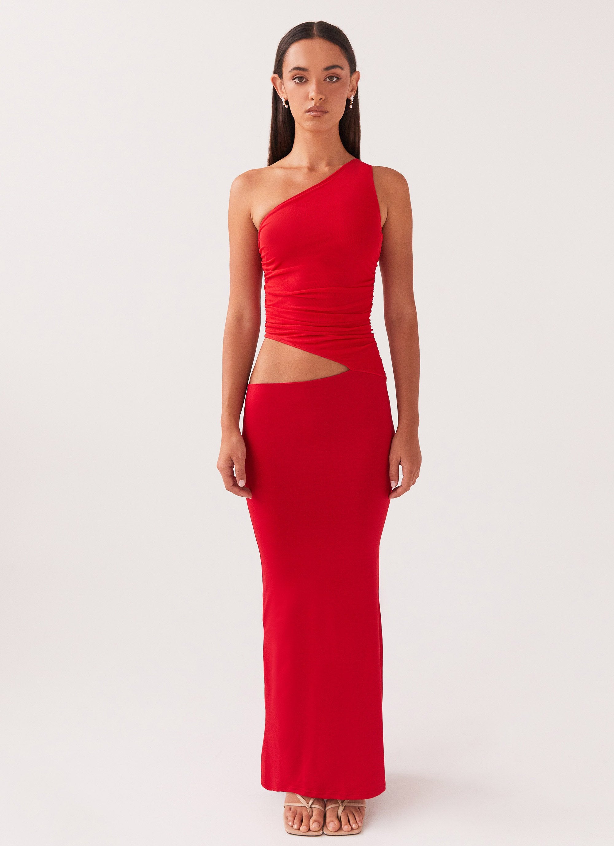 Womens Seranella One Shoulder Maxi Dress in the colour Cherry Red in front of a light grey background