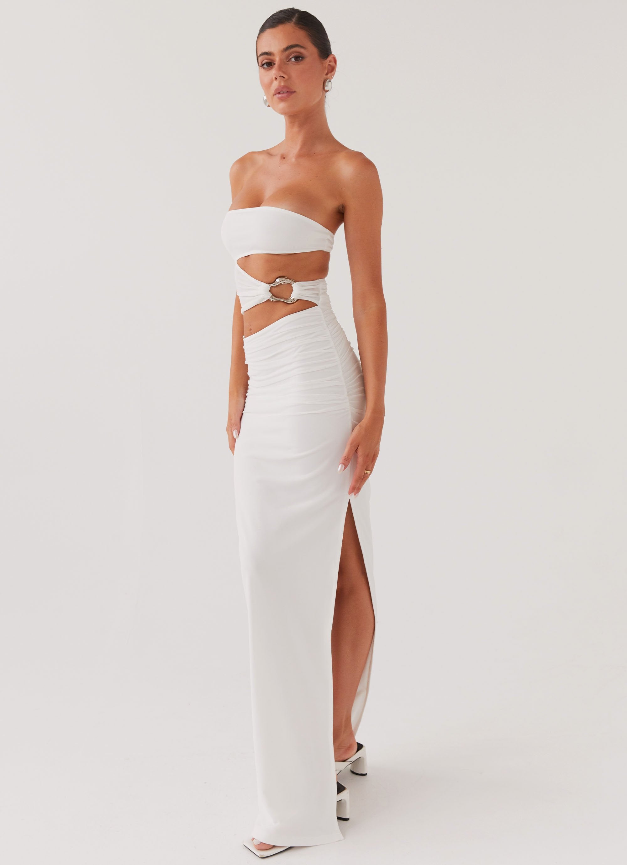 Womens Into Pieces Mesh Maxi Dress in the colour White in front of a light grey background