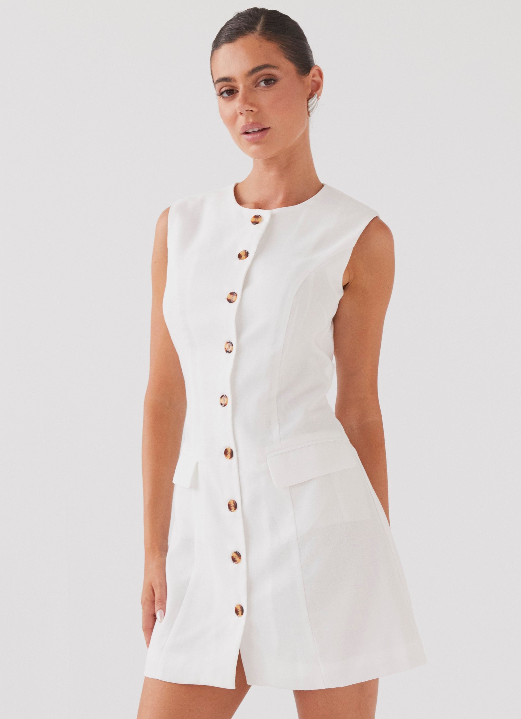 Womens Castello Fiore Linen Mini Dress in the colour White in front of a light grey background