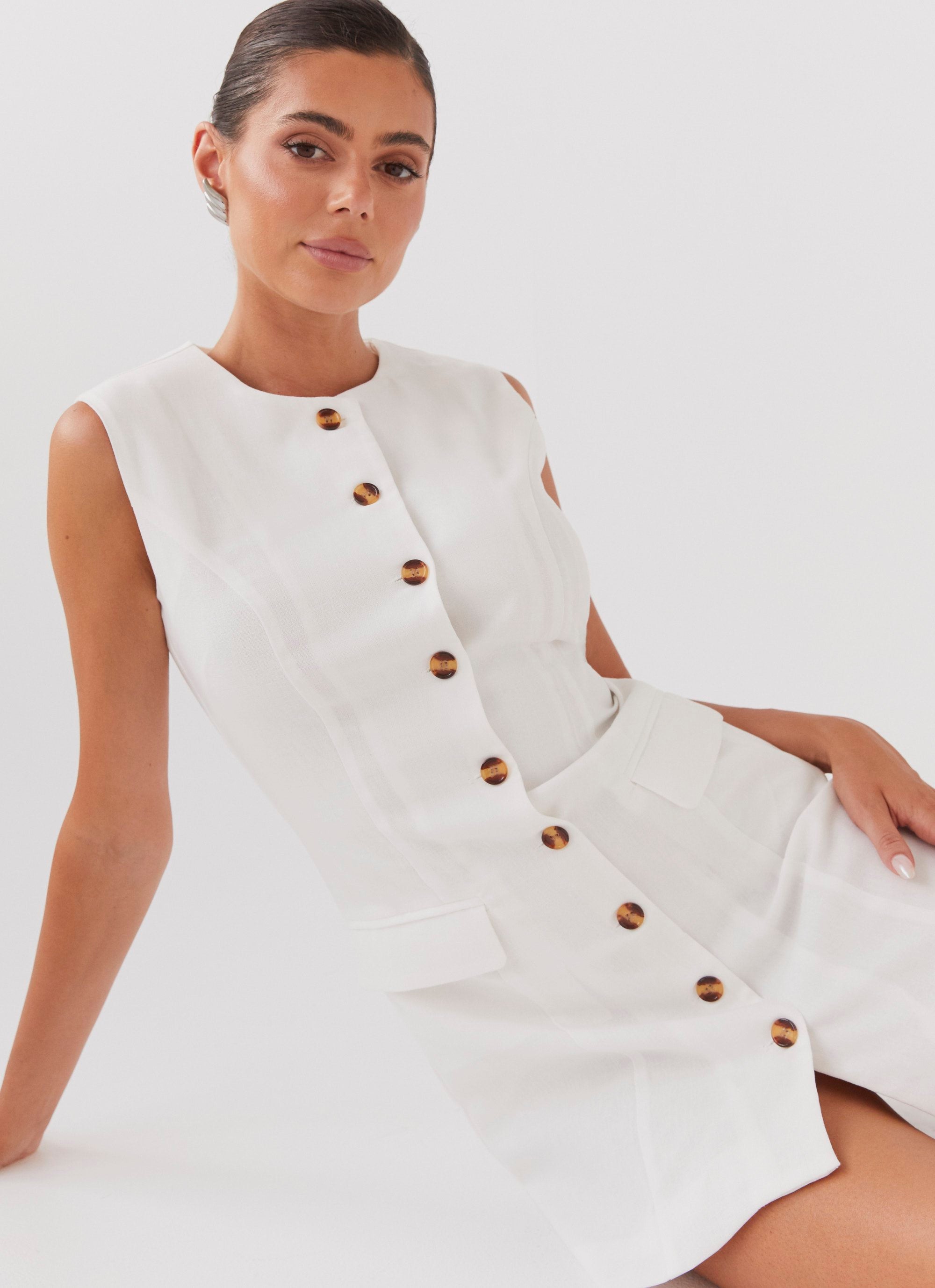 Womens Castello Fiore Linen Mini Dress in the colour White in front of a light grey background