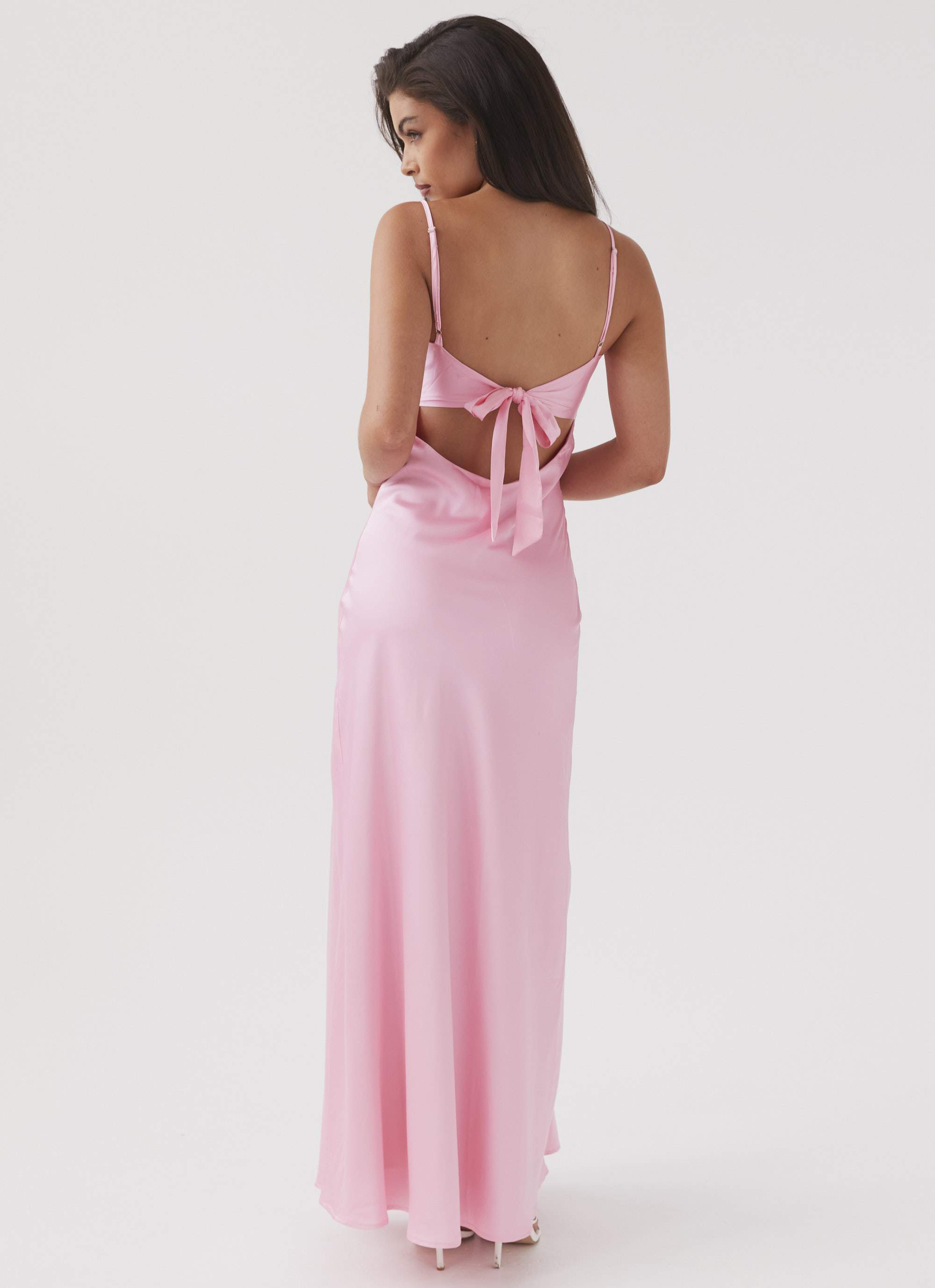 Womens Flora Satin Maxi Dress in the colour Candy in front of a light grey background