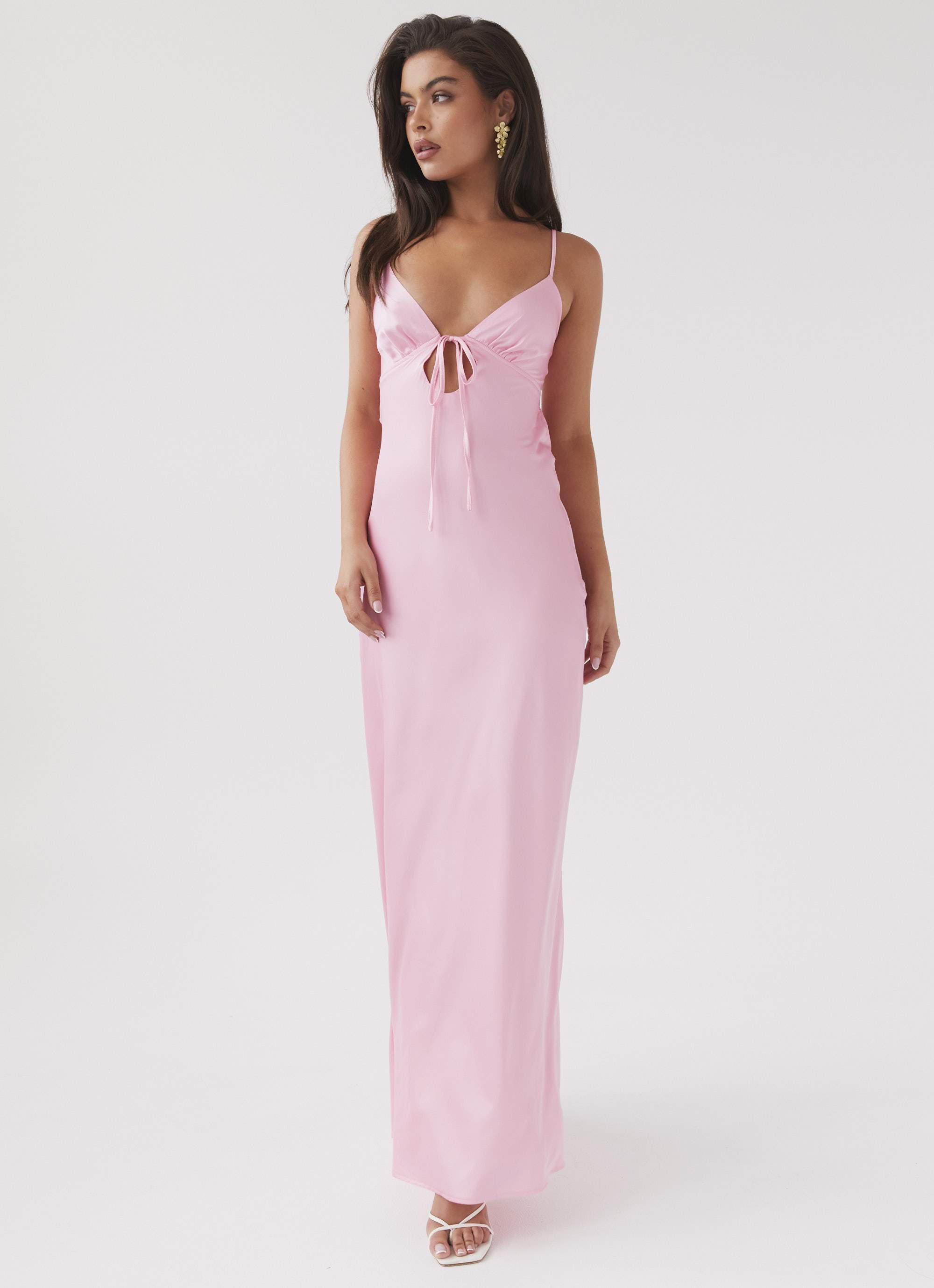 Womens Flora Satin Maxi Dress in the colour Candy in front of a light grey background