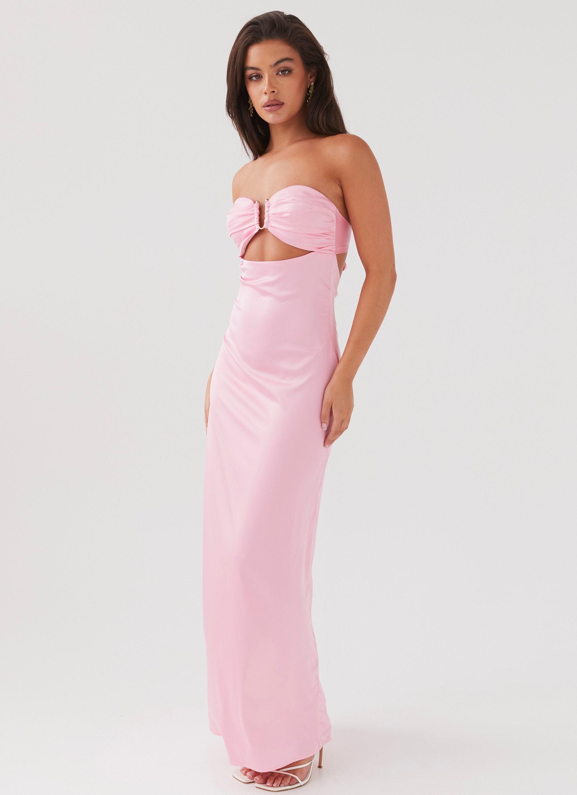 Womens Tropicana Satin Maxi Dress in the colour Candy in front of a light grey background