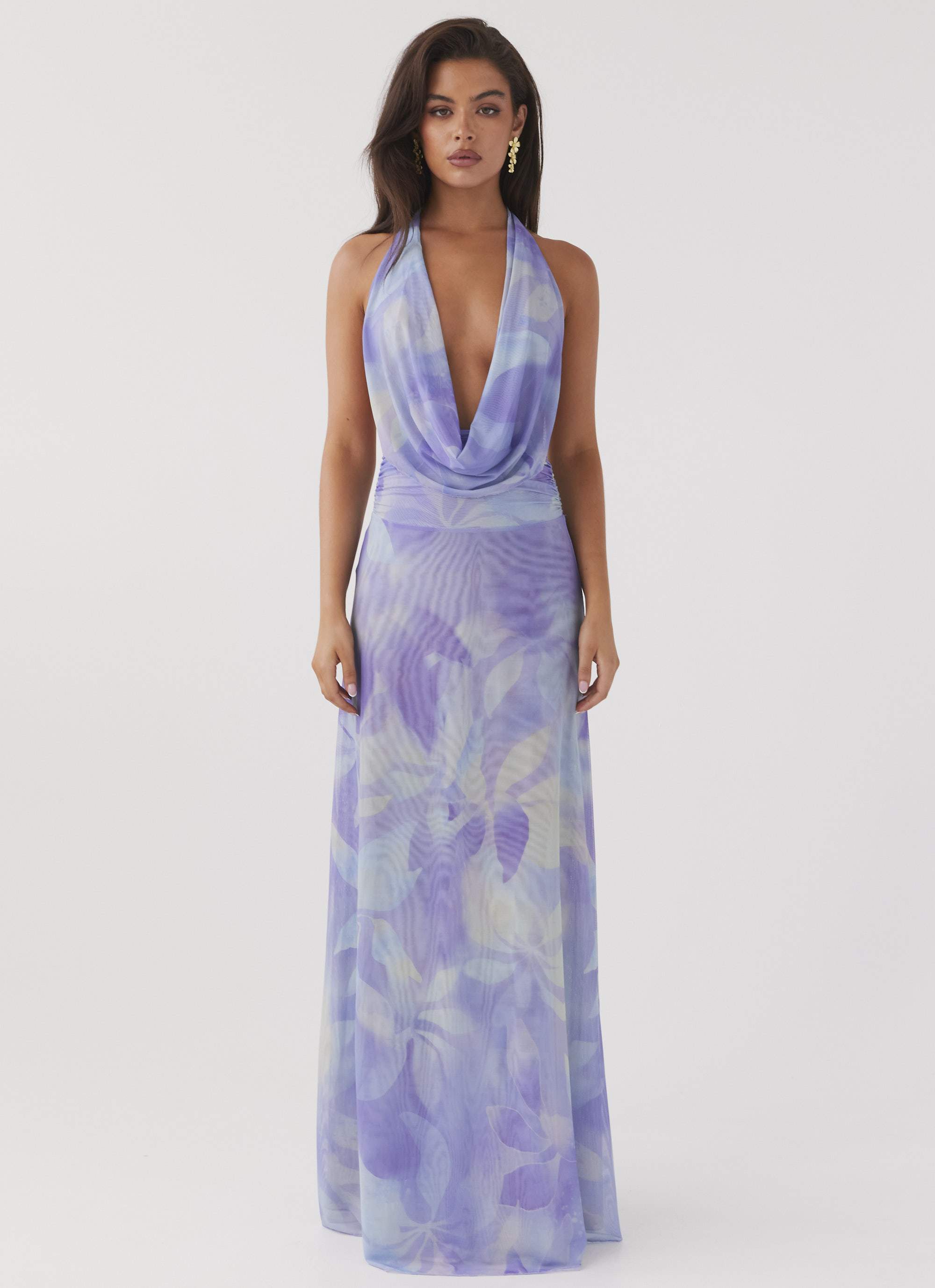 Womens Elysia Mesh Maxi Dress in the colour Purple Rain in front of a light grey background