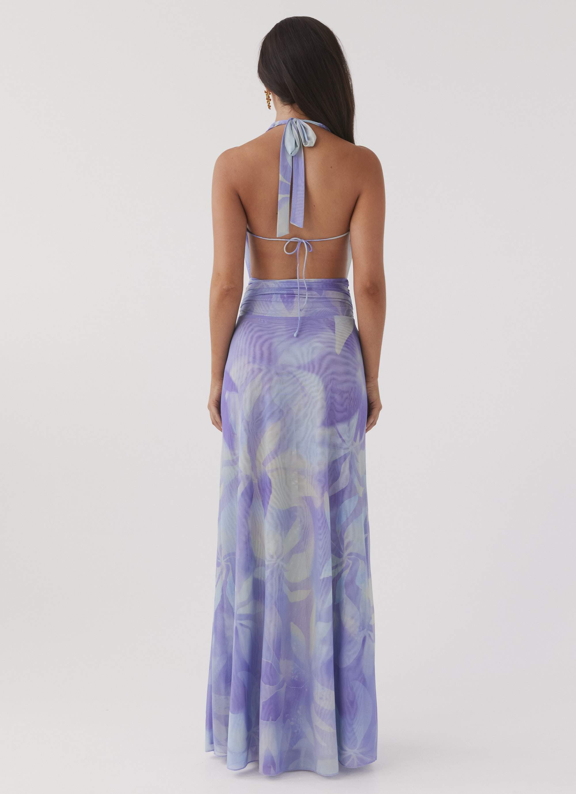 Womens Elysia Mesh Maxi Dress in the colour Purple Rain in front of a light grey background