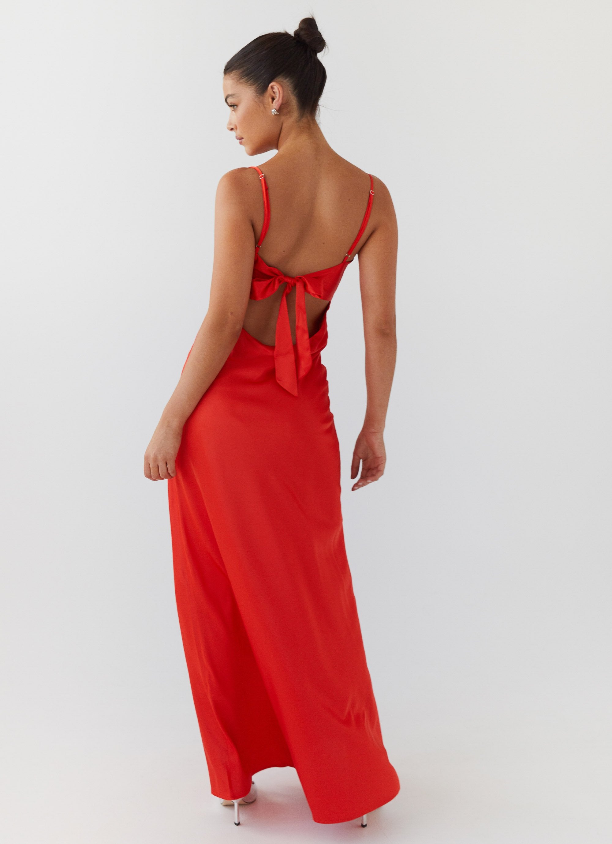 Womens Flora Satin Maxi Dress in the colour Citrus in front of a light grey background