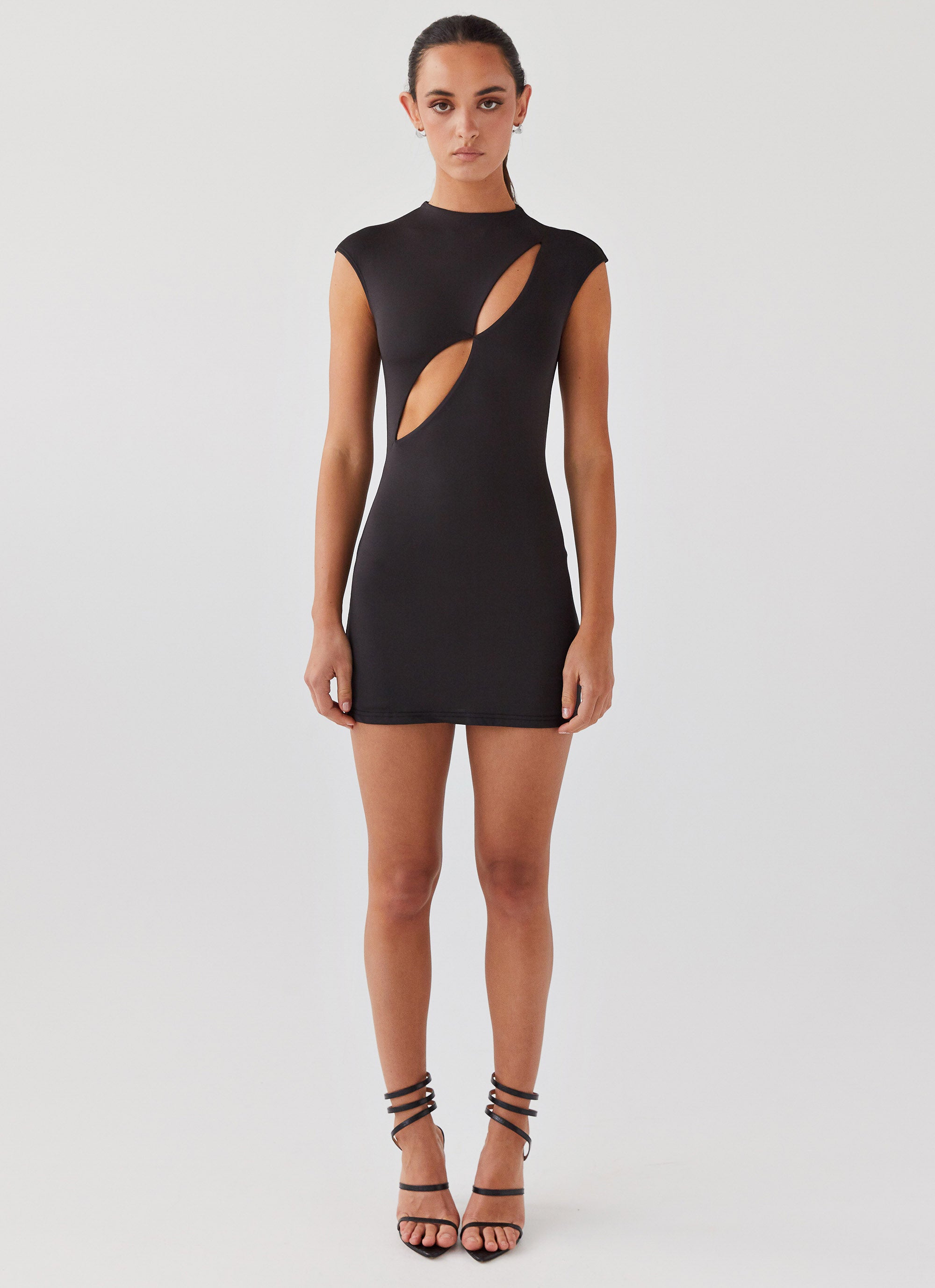 Womens Special Affair Mini Dress in the colour Black in front of a light grey background