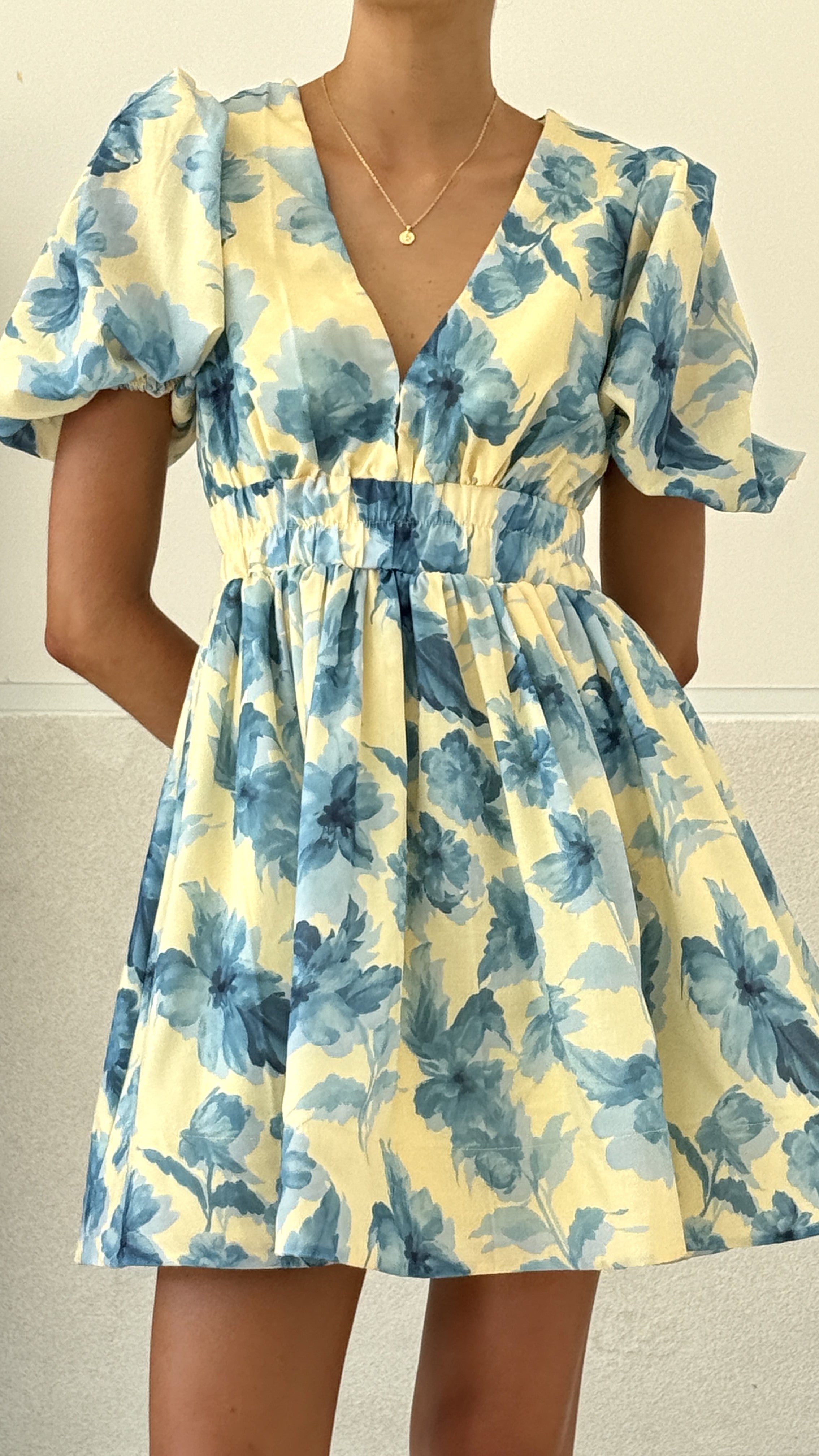 Erin Mini Dress - Yellow / Blue Floral
