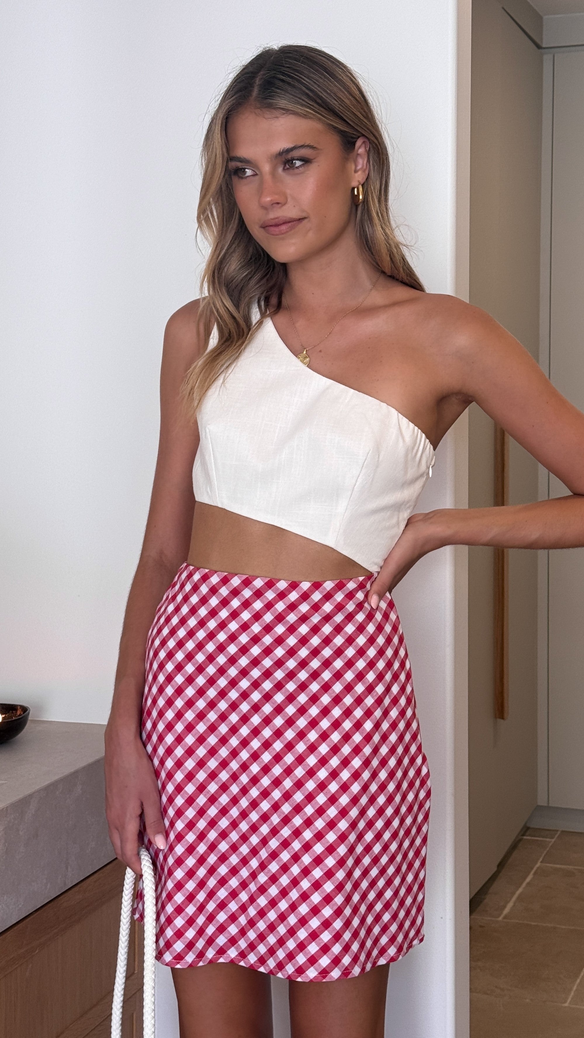 Abia Mini Dress - White/ Red Check