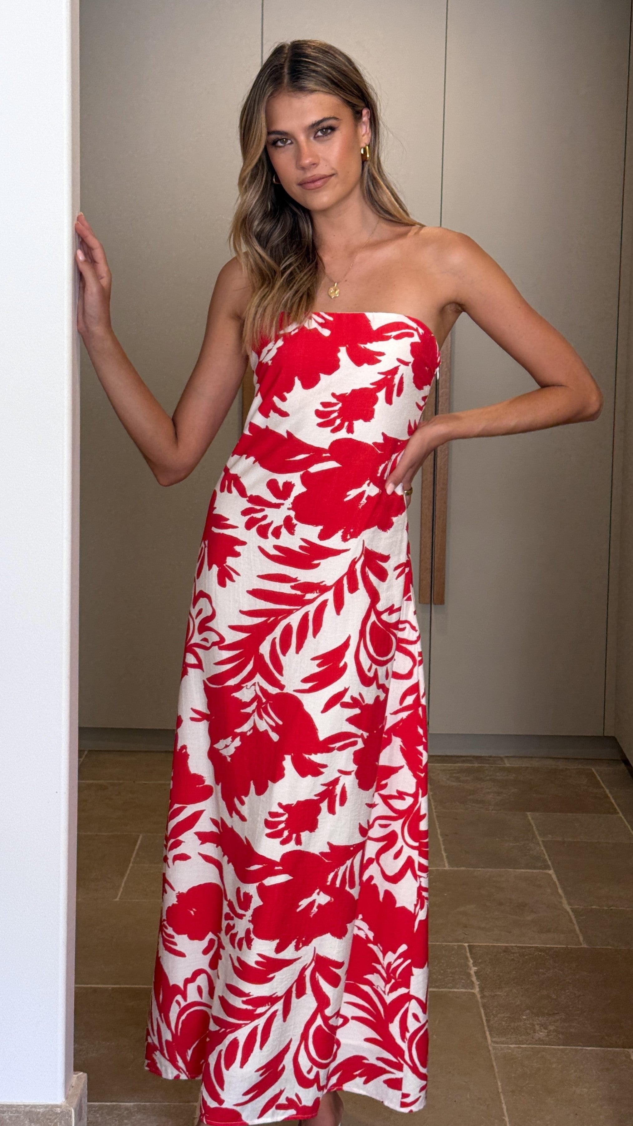 Uzma Strapless Maxi Dress - Red / White Print