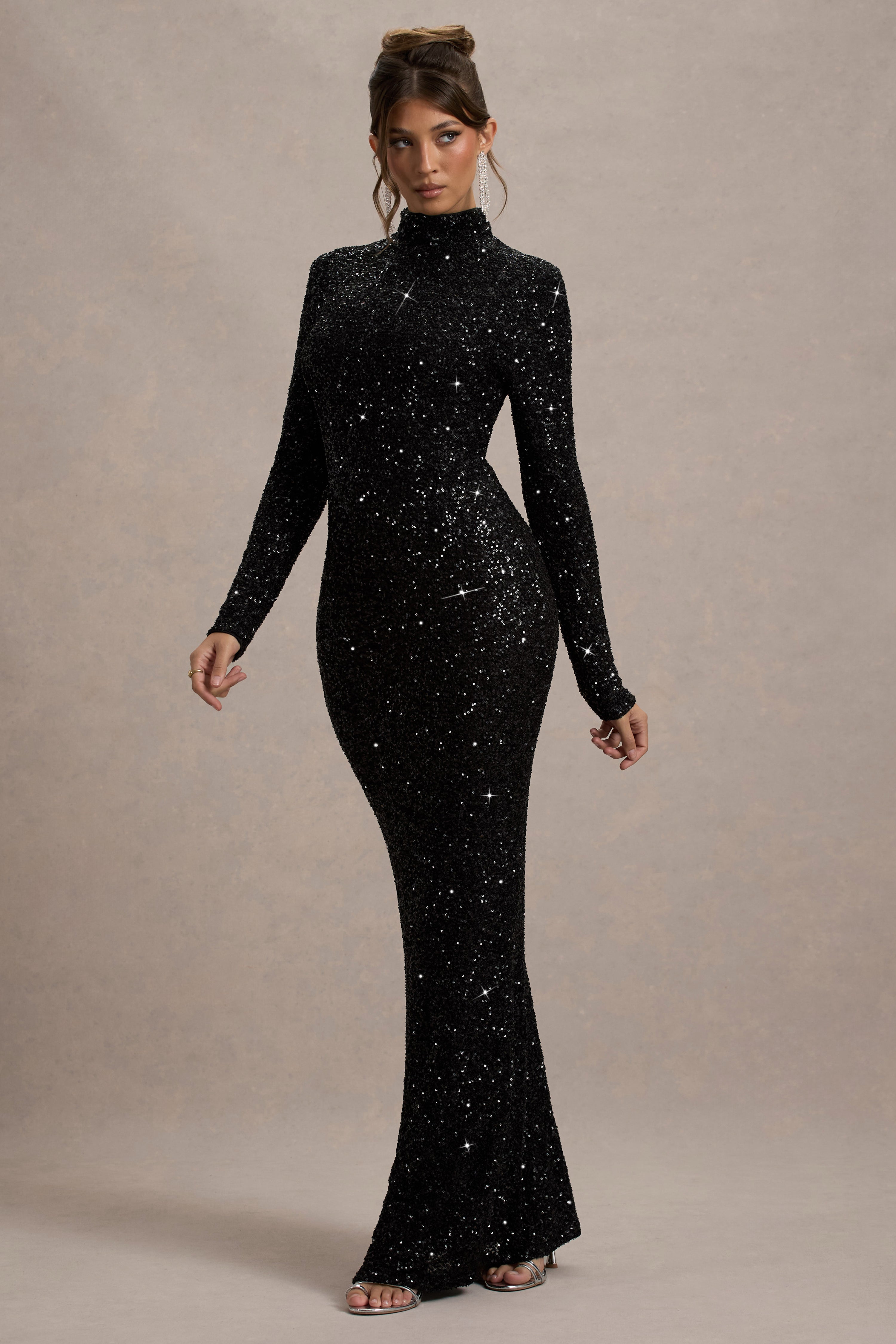 Galaxy Black Sequin Turtle-Neck Long-Sleeve Maxi Dress