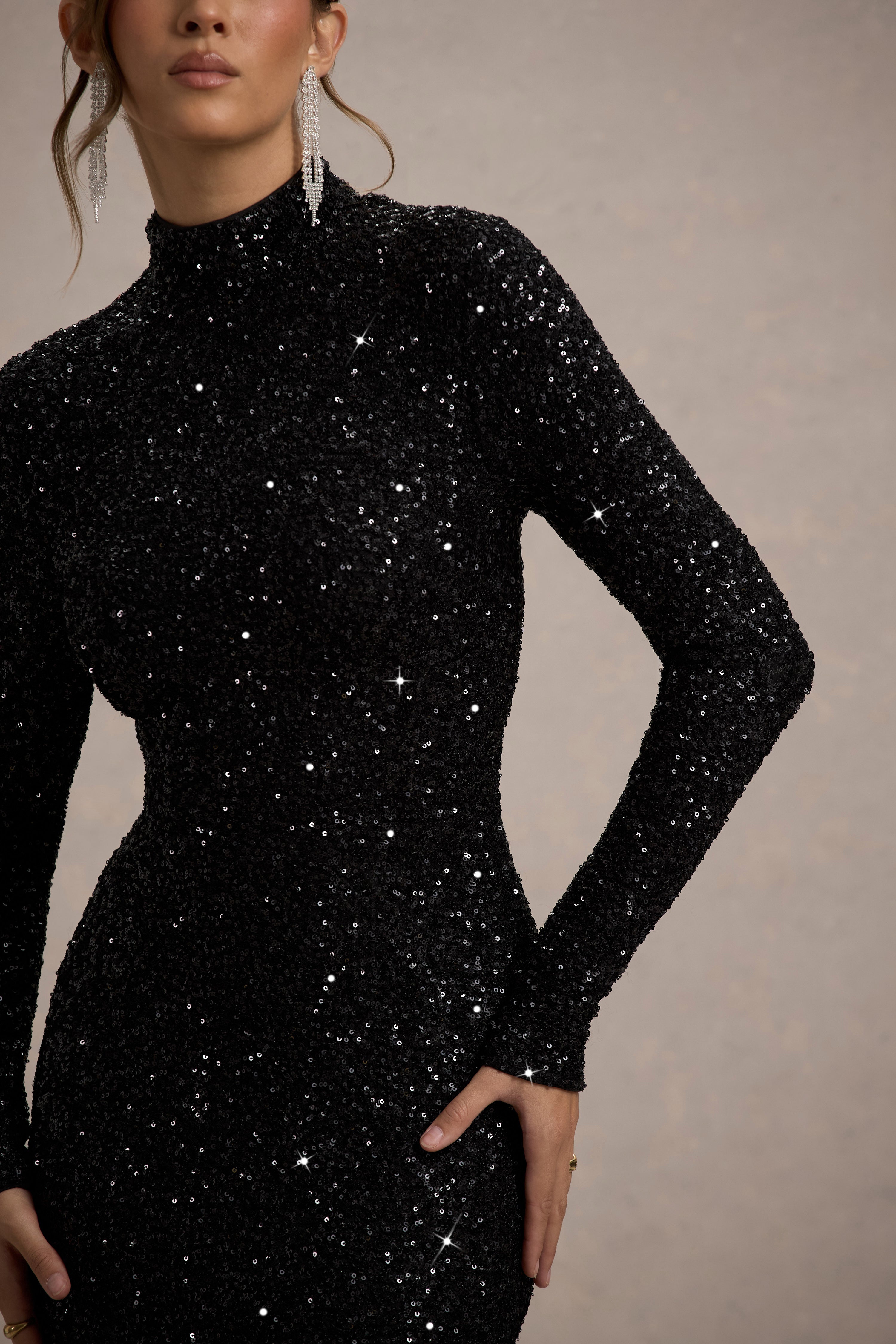 Galaxy Black Sequin Turtle-Neck Long-Sleeve Maxi Dress