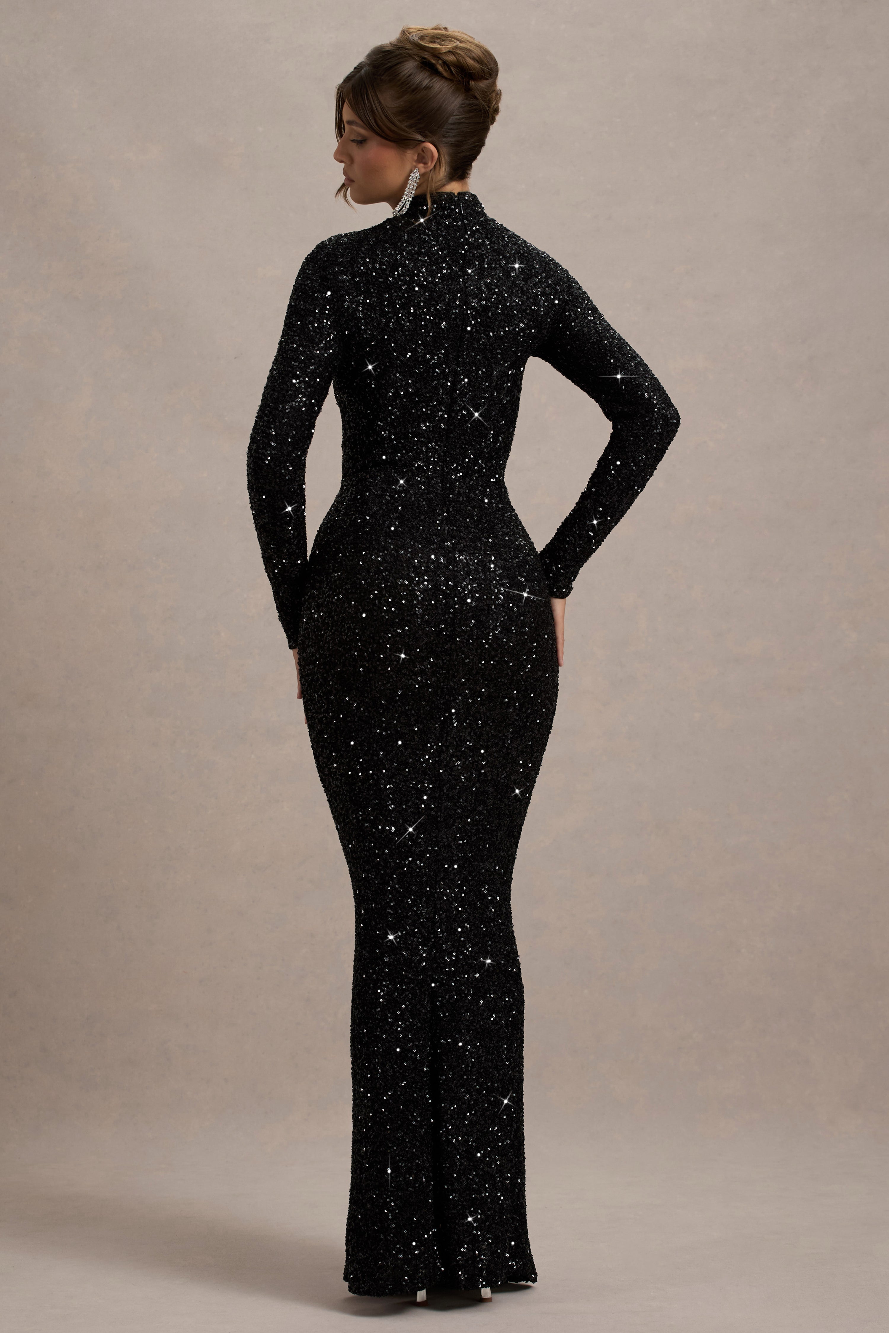 Galaxy Black Sequin Turtle-Neck Long-Sleeve Maxi Dress