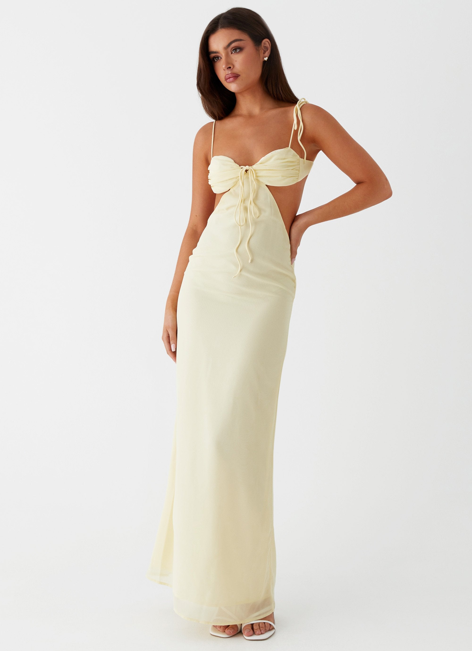 Womens Tyra Ruched Maxi Dress in the colour Yellow in front of a light grey background