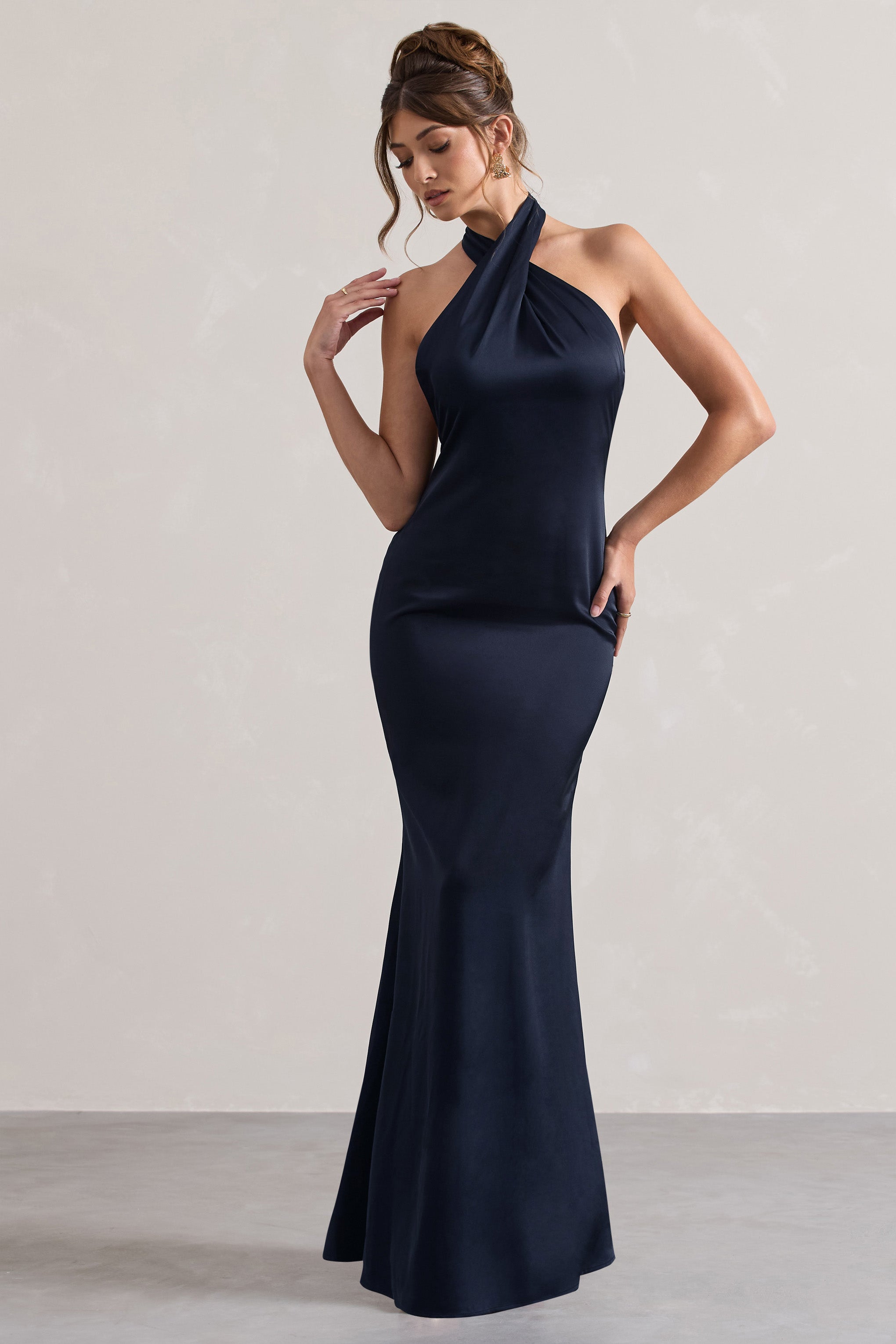 Unbeatable Navy Satin Cross Over Halterneck Maxi Dress