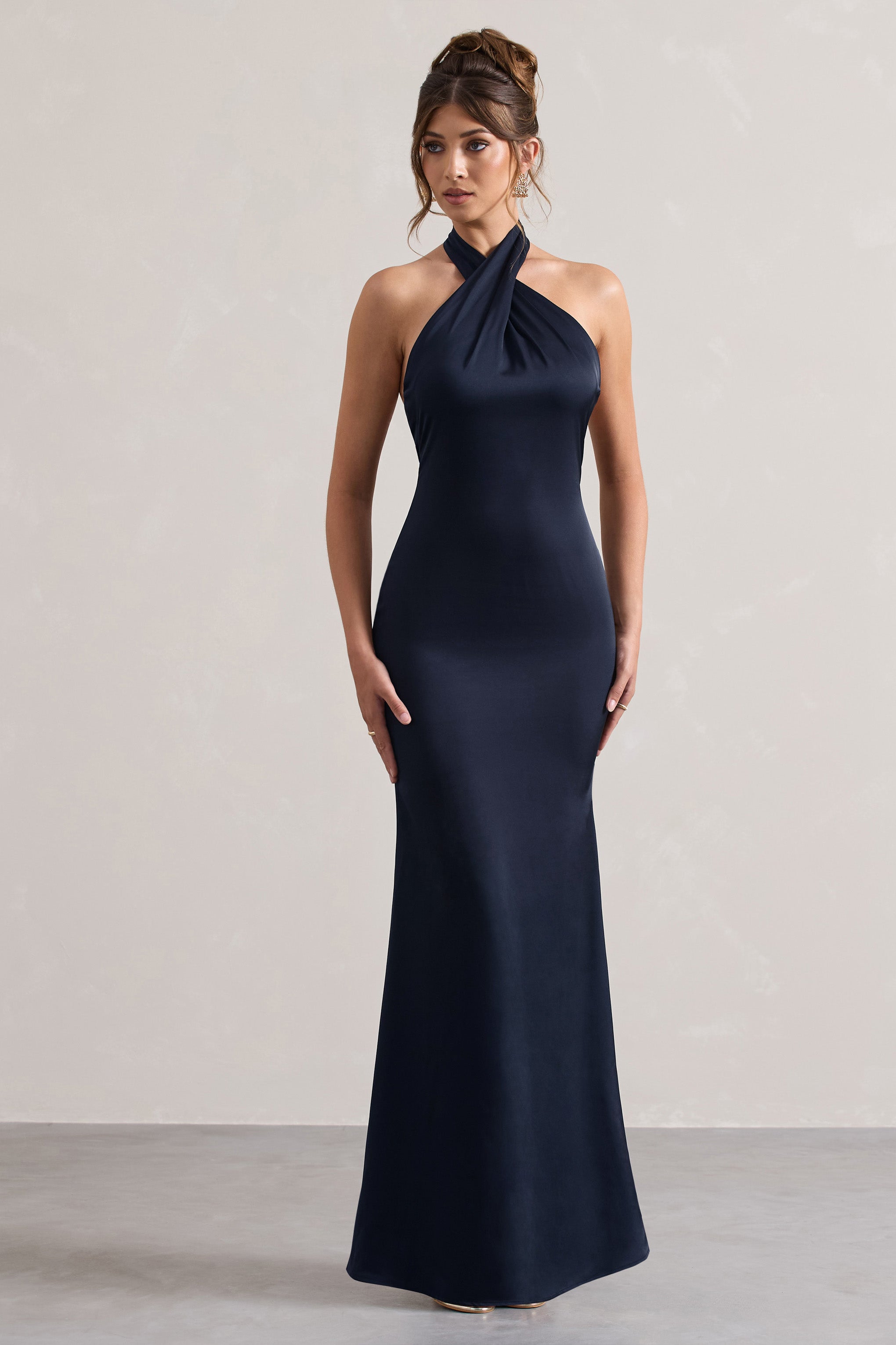 Unbeatable Navy Satin Cross Over Halterneck Maxi Dress