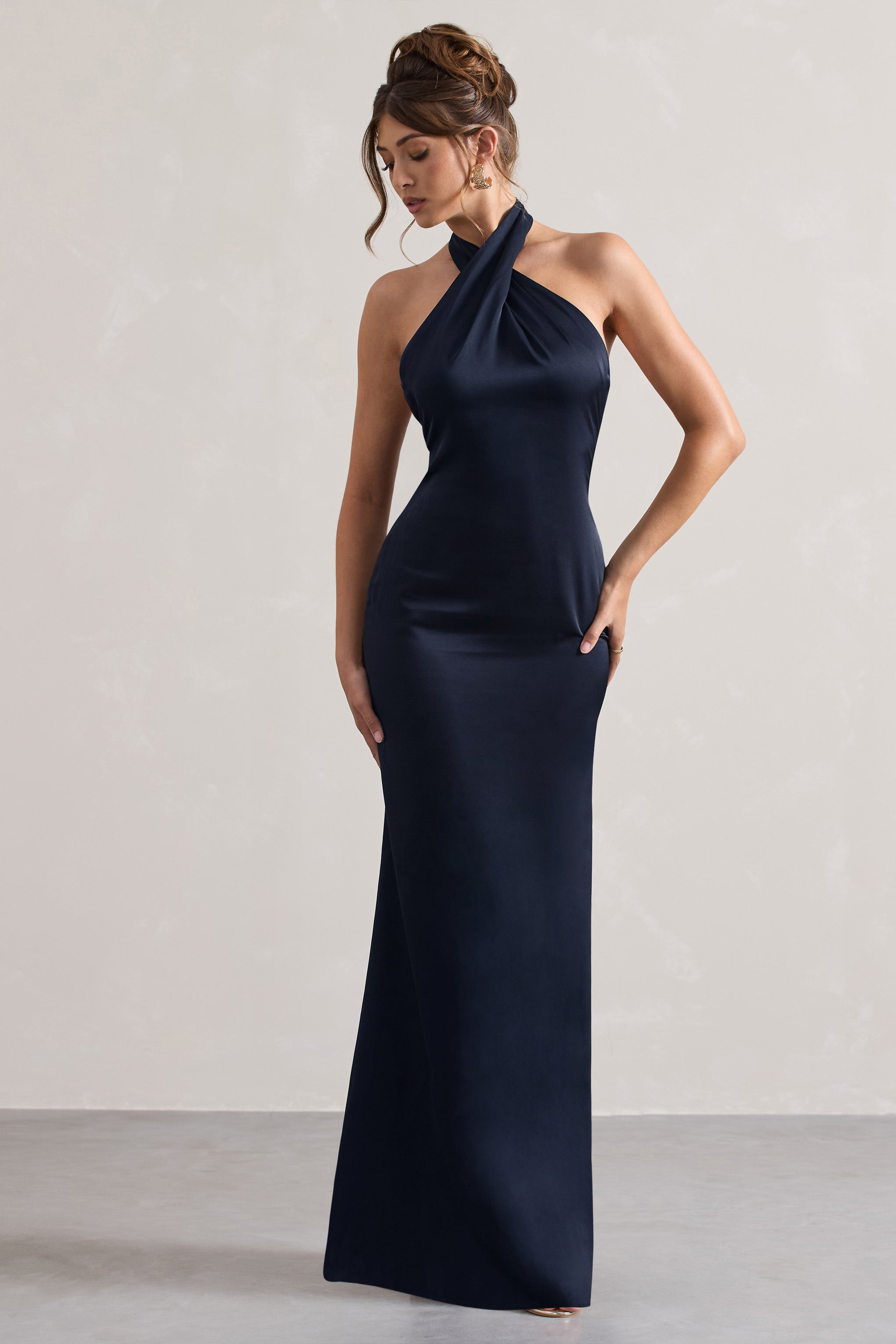 Unbeatable Navy Satin Cross Over Halterneck Maxi Dress