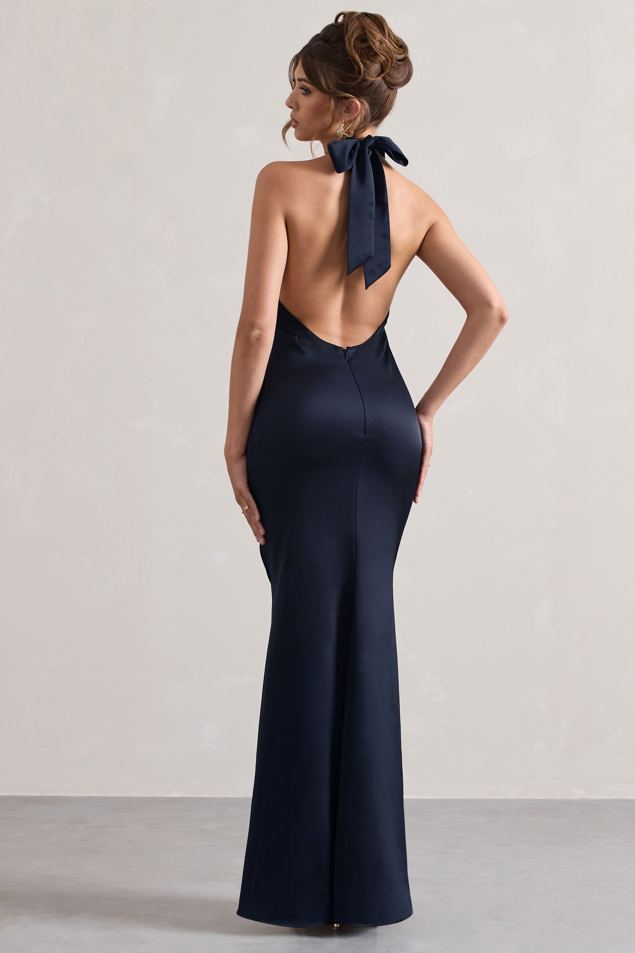 Unbeatable Navy Satin Cross Over Halterneck Maxi Dress