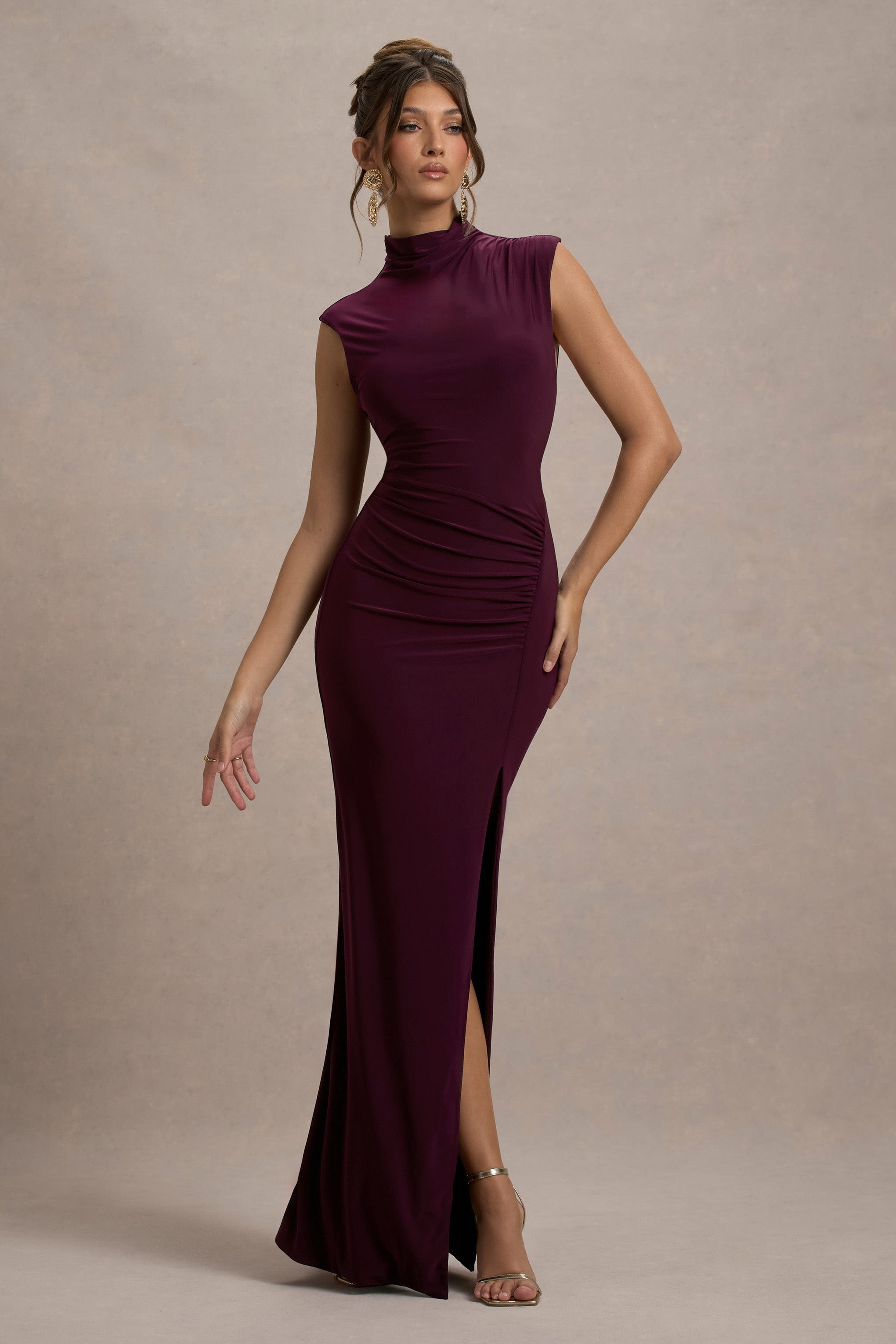 Lanetta Plum Ruched High-Neck Maxi Dress With Split